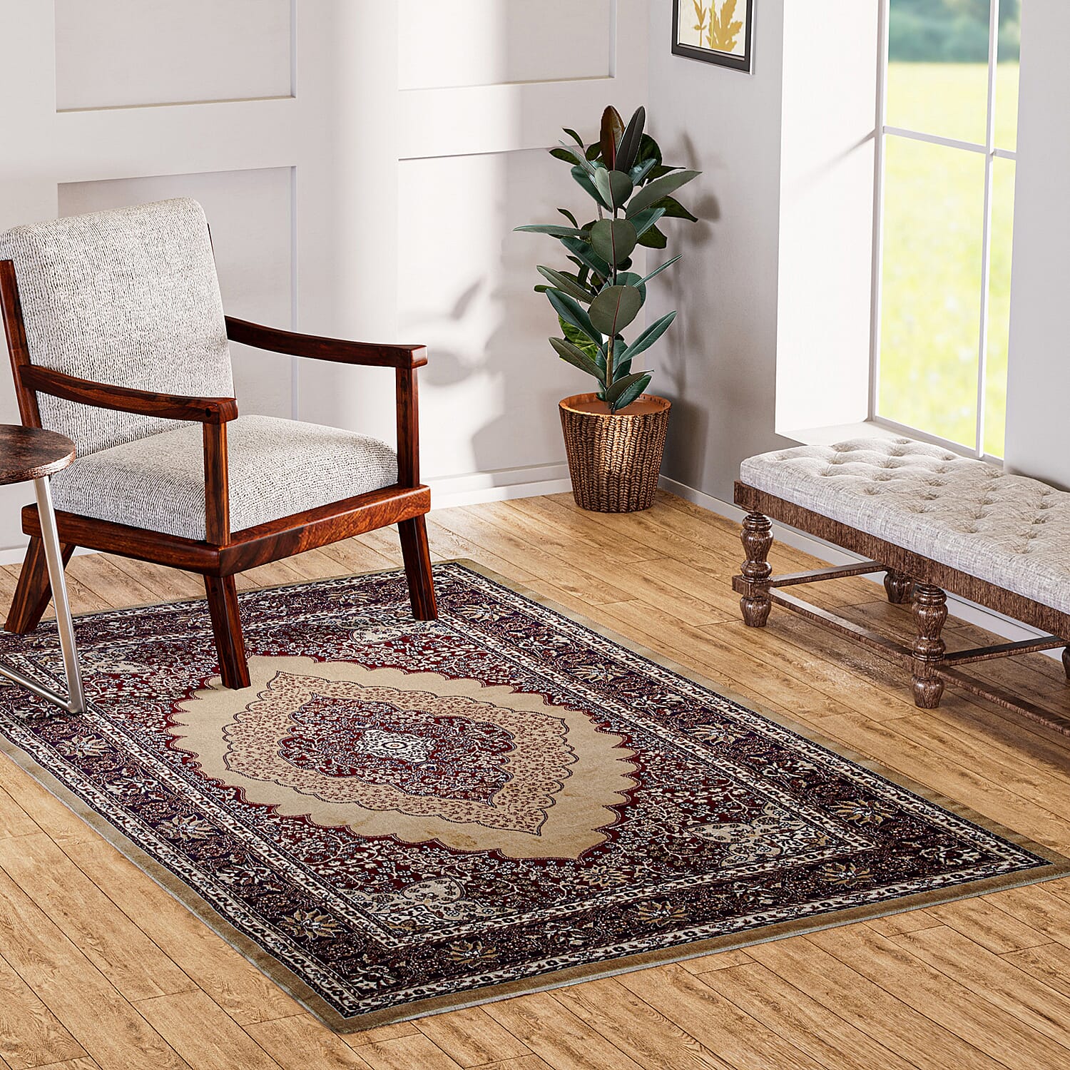 Luxurious Pile Carpet with Kashmiri Artistry (Size 180x120cm) - Beige & Multi