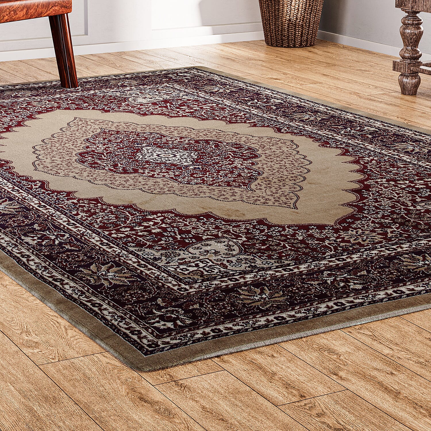 Luxurious Pile Carpet with Kashmiri Artistry (Size 180x120cm) - Beige & Multi