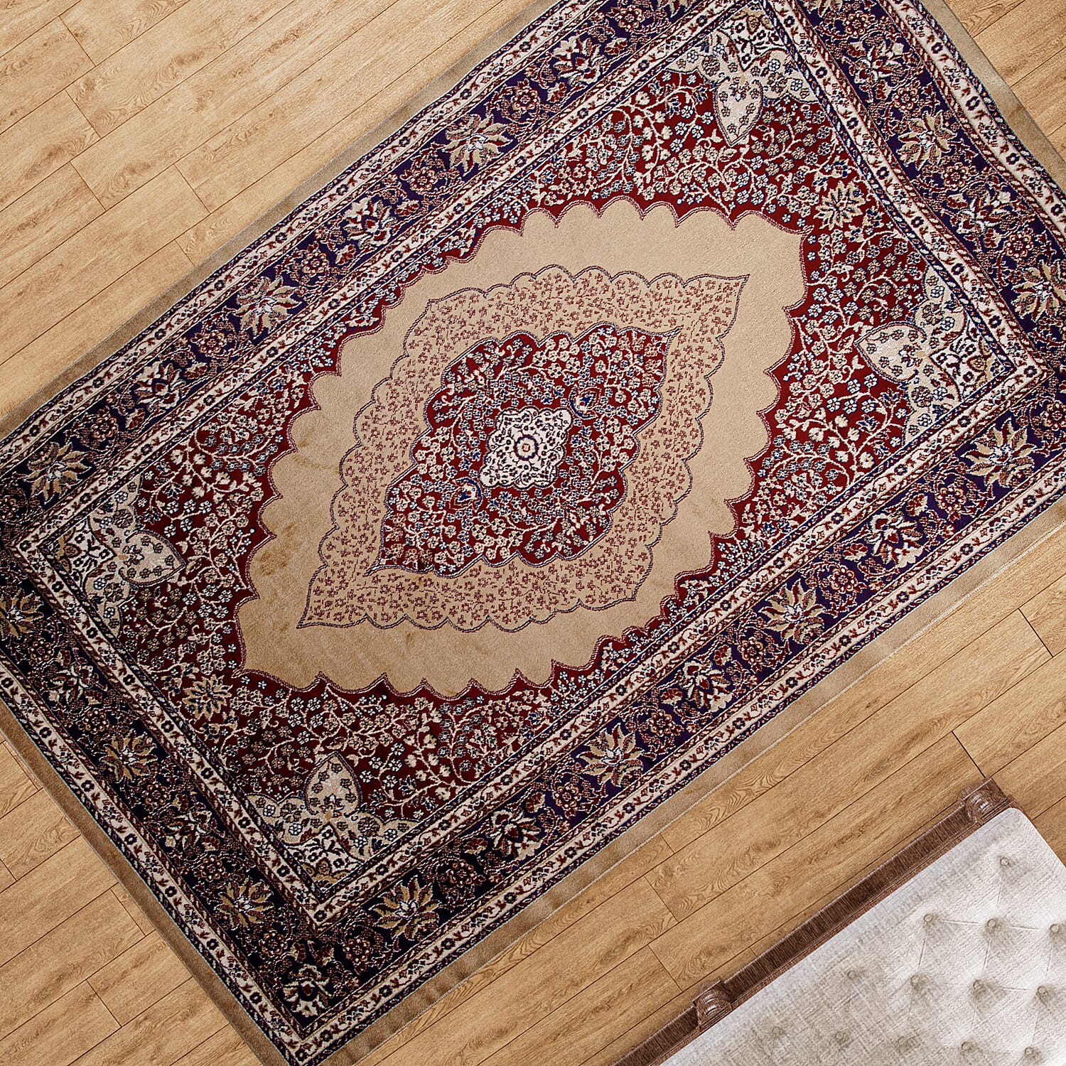 Luxurious Pile Carpet with Kashmiri Artistry (Size 180x120cm) - Beige & Multi