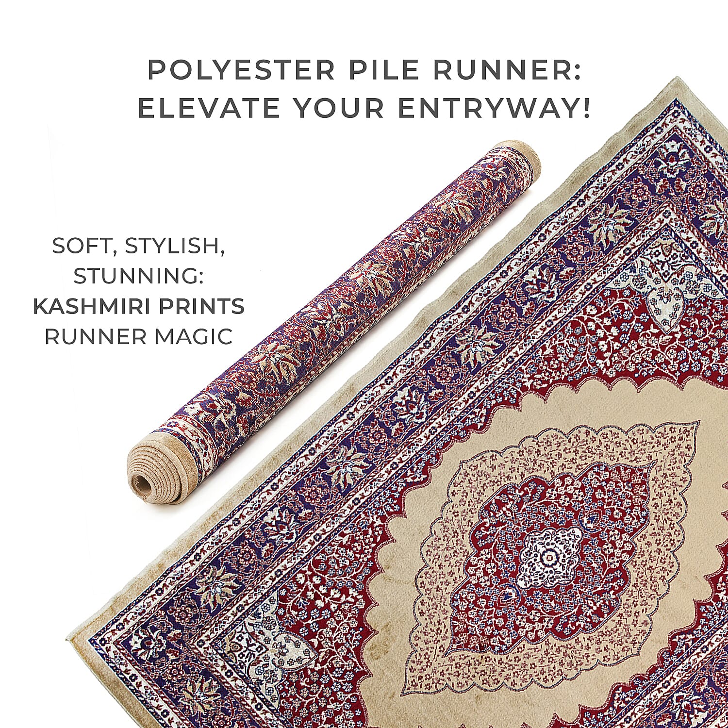 Luxurious Pile Carpet with Kashmiri Artistry (Size 180x120cm) - Beige & Multi