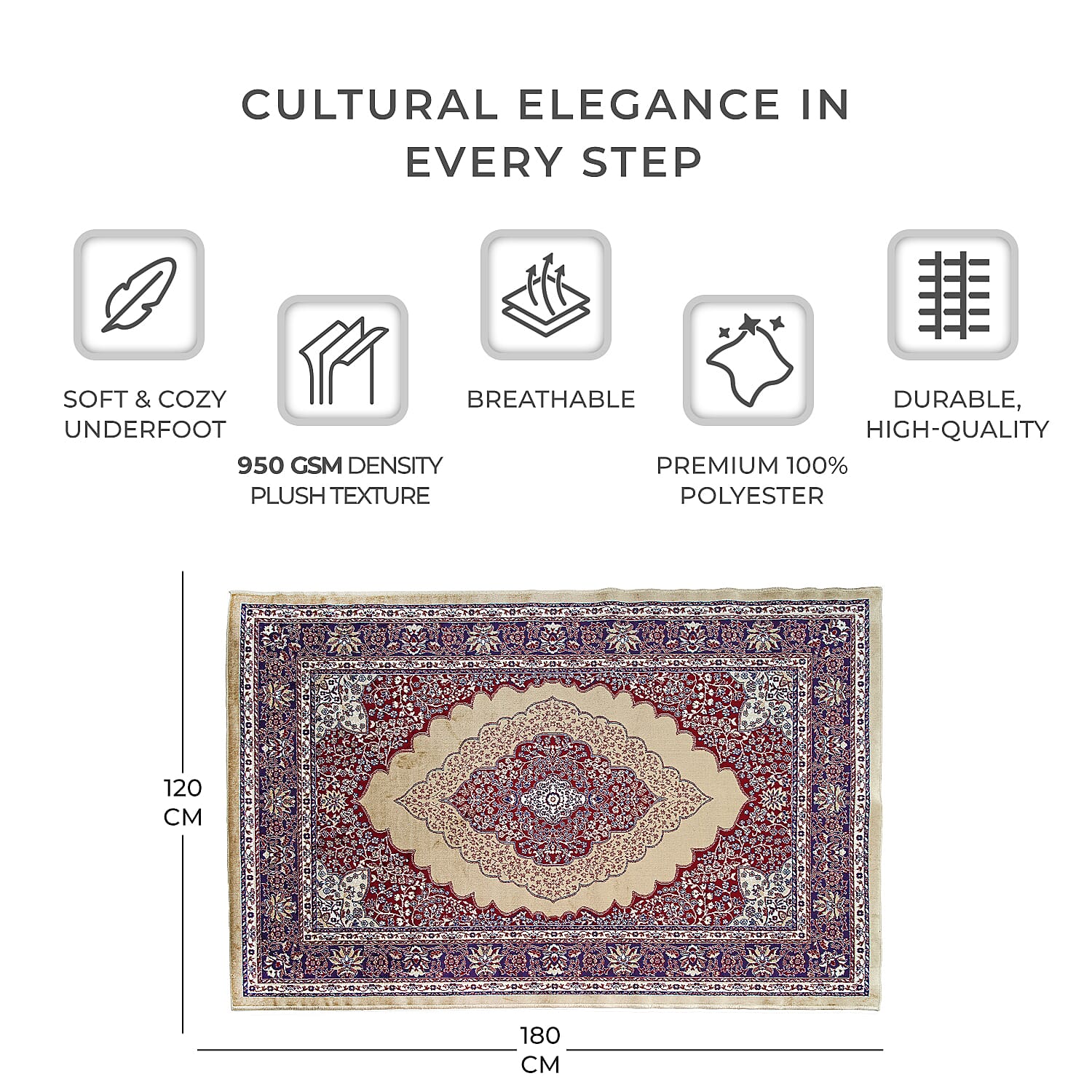 Luxurious Pile Carpet with Kashmiri Artistry (Size 180x120cm) - Beige & Multi