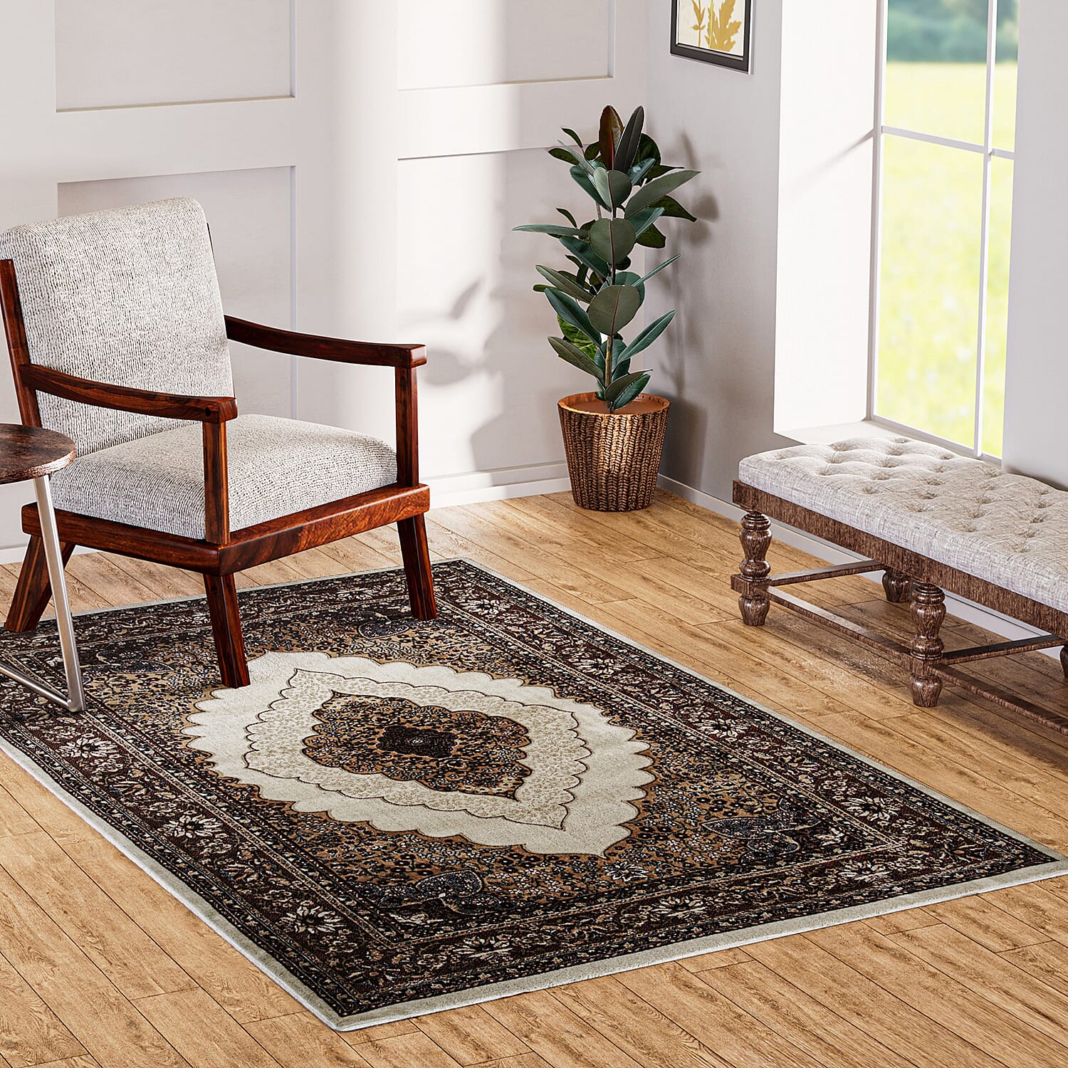 Luxurious Pile Carpet with Kashmiri Artistry (Size 180x120cm) - White & Multi