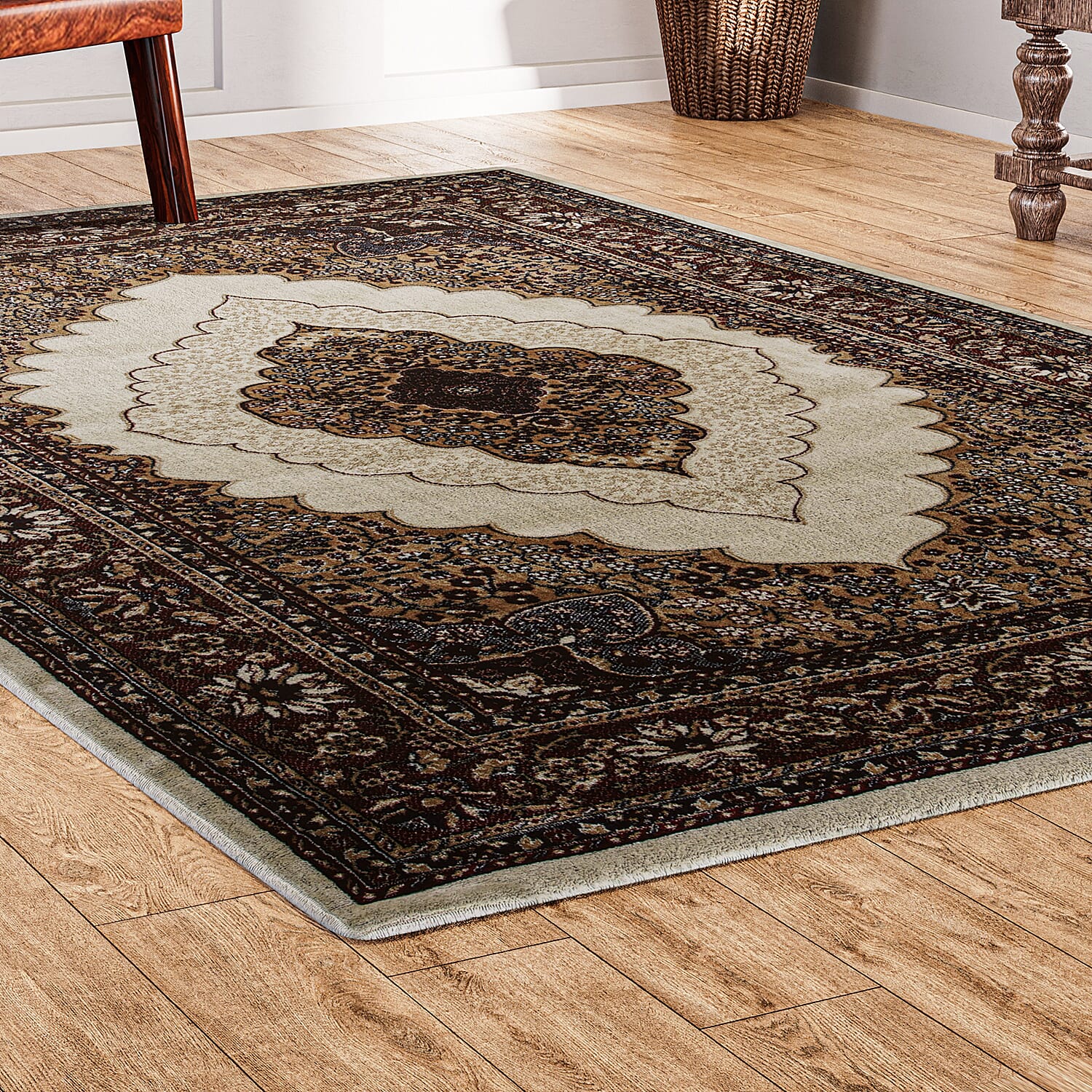 Luxurious Pile Carpet with Kashmiri Artistry (Size 180x120cm) - White & Multi