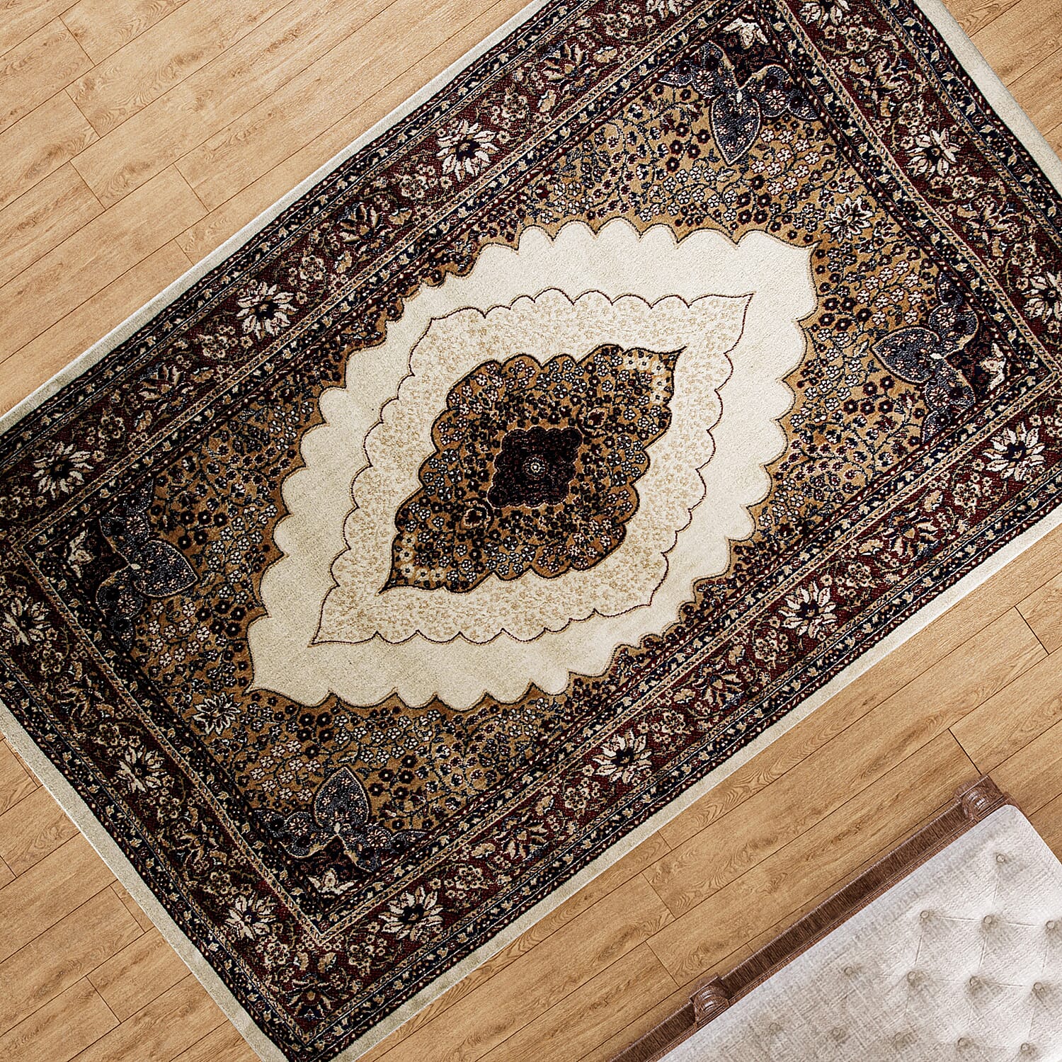 Luxurious Pile Carpet with Kashmiri Artistry (Size 180x120cm) - White & Multi