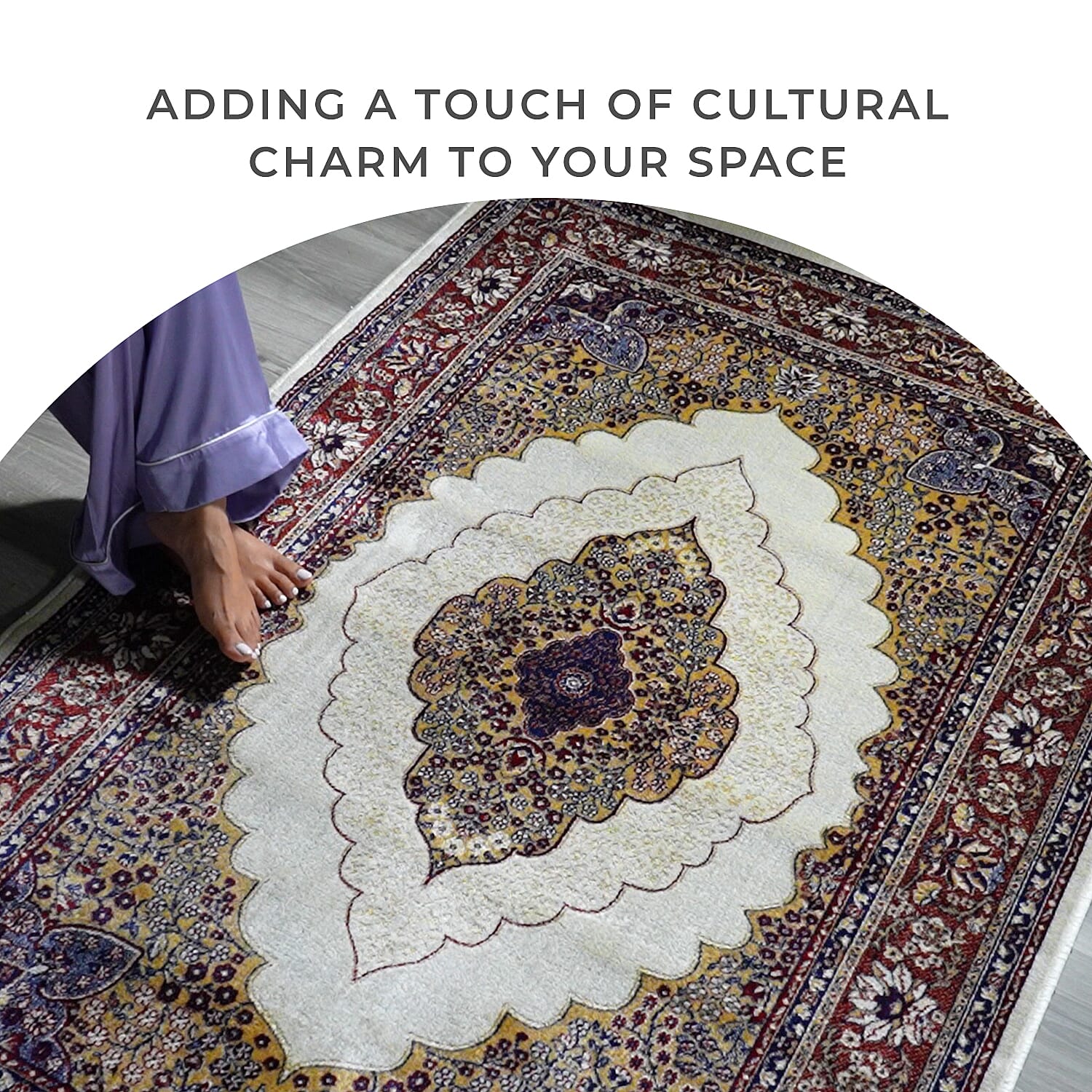 Luxurious Pile Carpet with Kashmiri Artistry (Size 180x120cm) - White & Multi