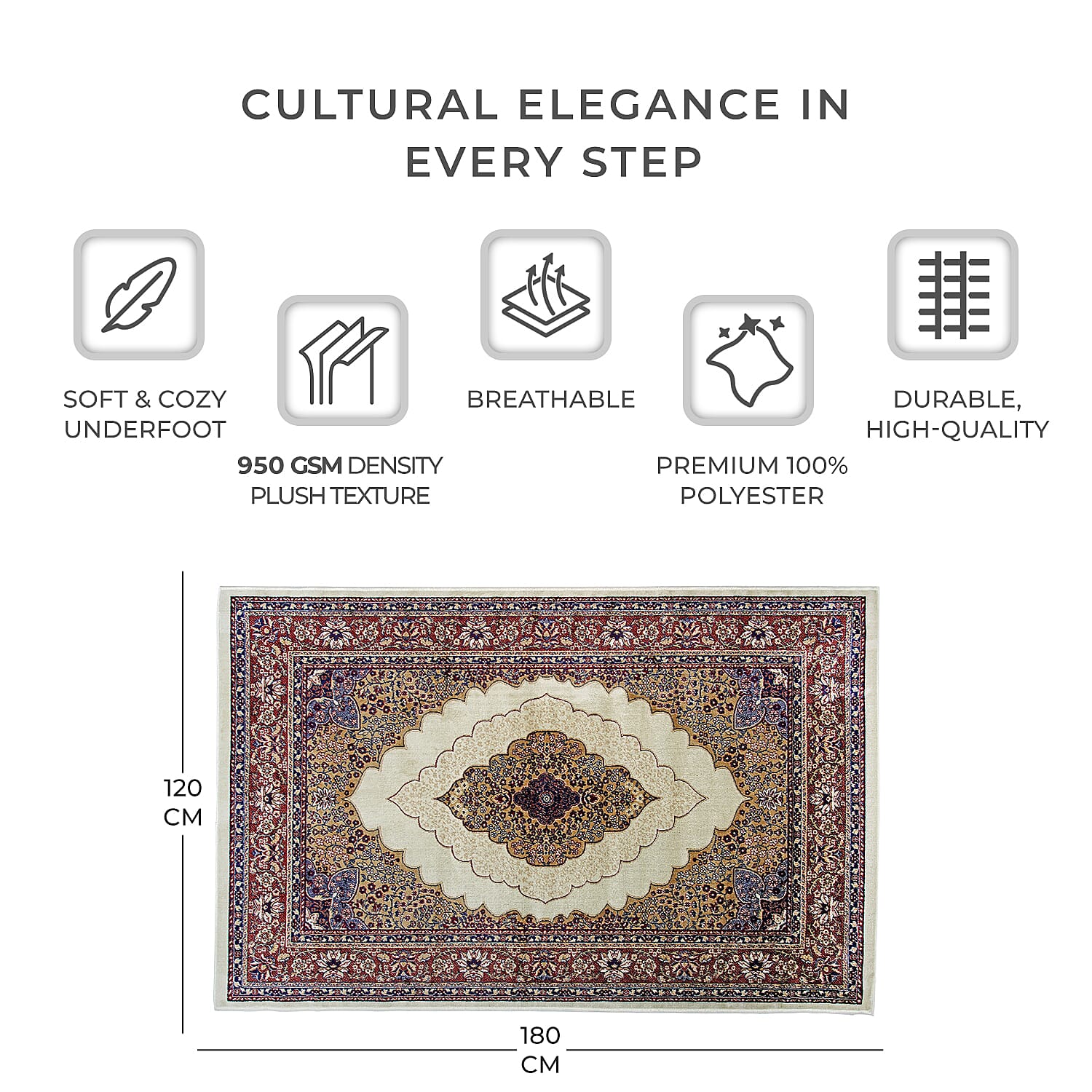 Luxurious Pile Carpet with Kashmiri Artistry (Size 180x120cm) - White & Multi