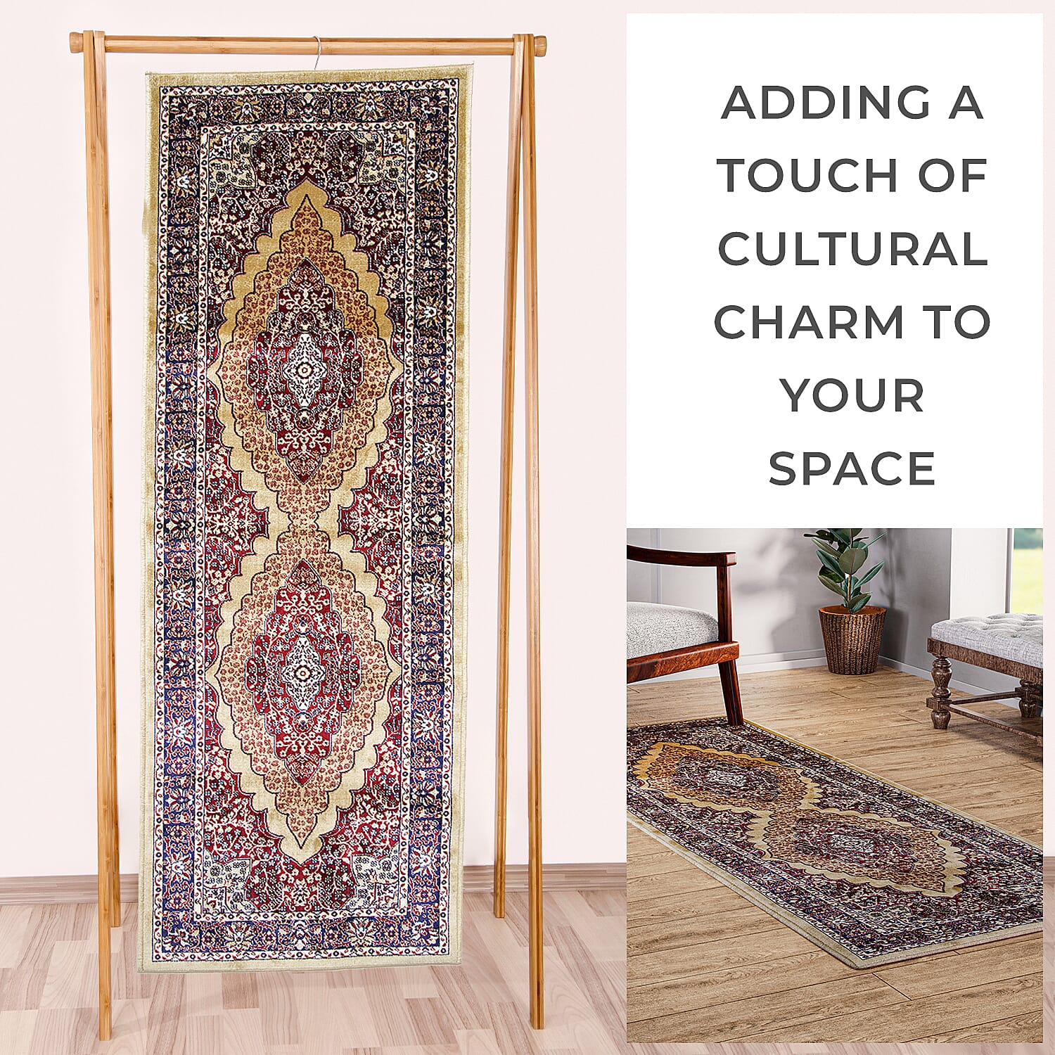 Luxurious Pile Runner with Kashmiri Print (180x66 cm) - Beige - Multi