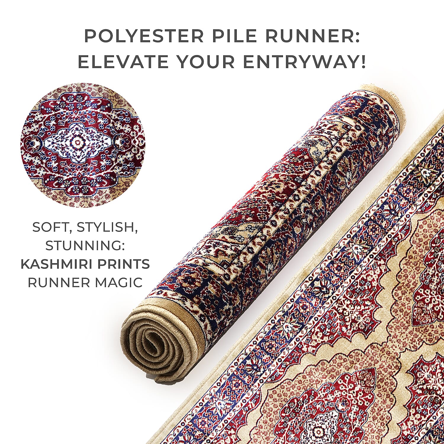 Luxurious Pile Runner with Kashmiri Print (180x66 cm) - Beige - Multi