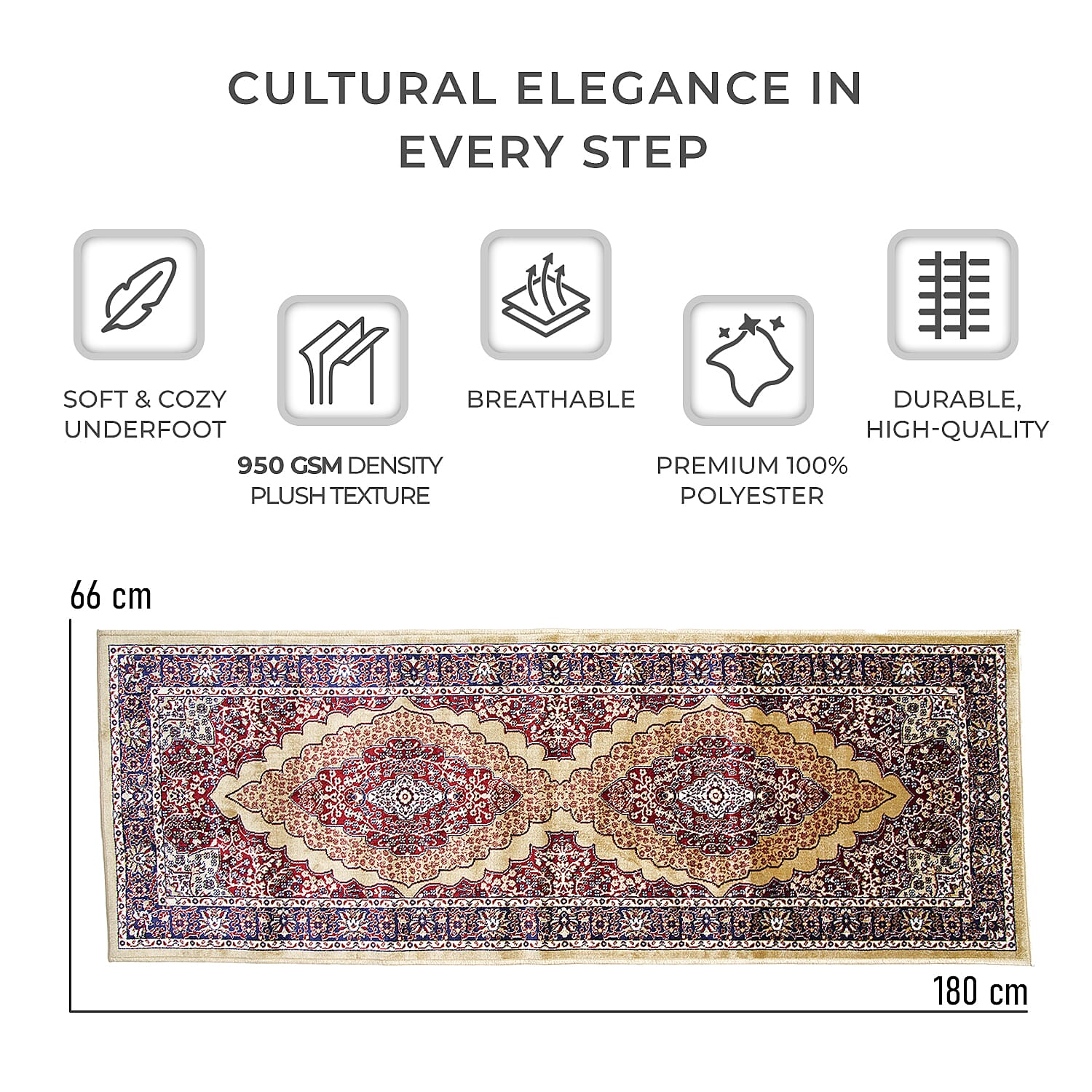 Luxurious Pile Runner with Kashmiri Print (180x66 cm) - Beige - Multi