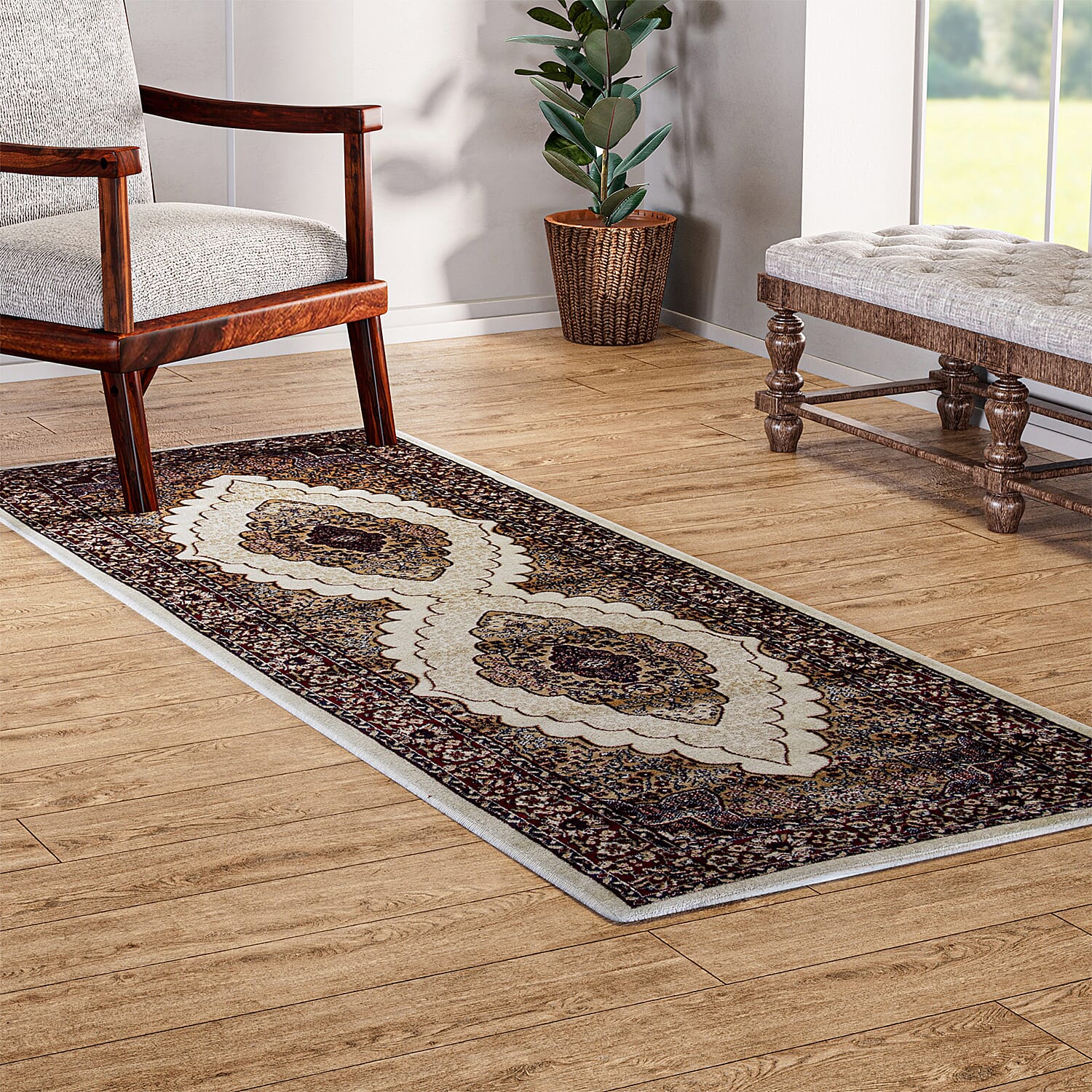 Luxurious Pile Runner with Kashmiri Print (180x66 cm) - Brown - Multi