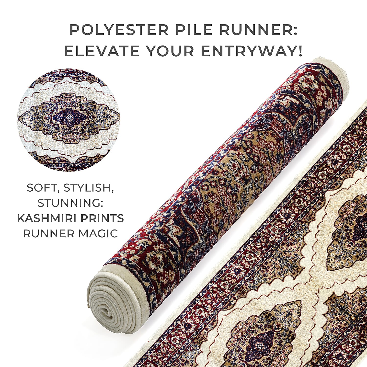 Luxurious Pile Runner with Kashmiri Print (180x66 cm) - Brown - Multi