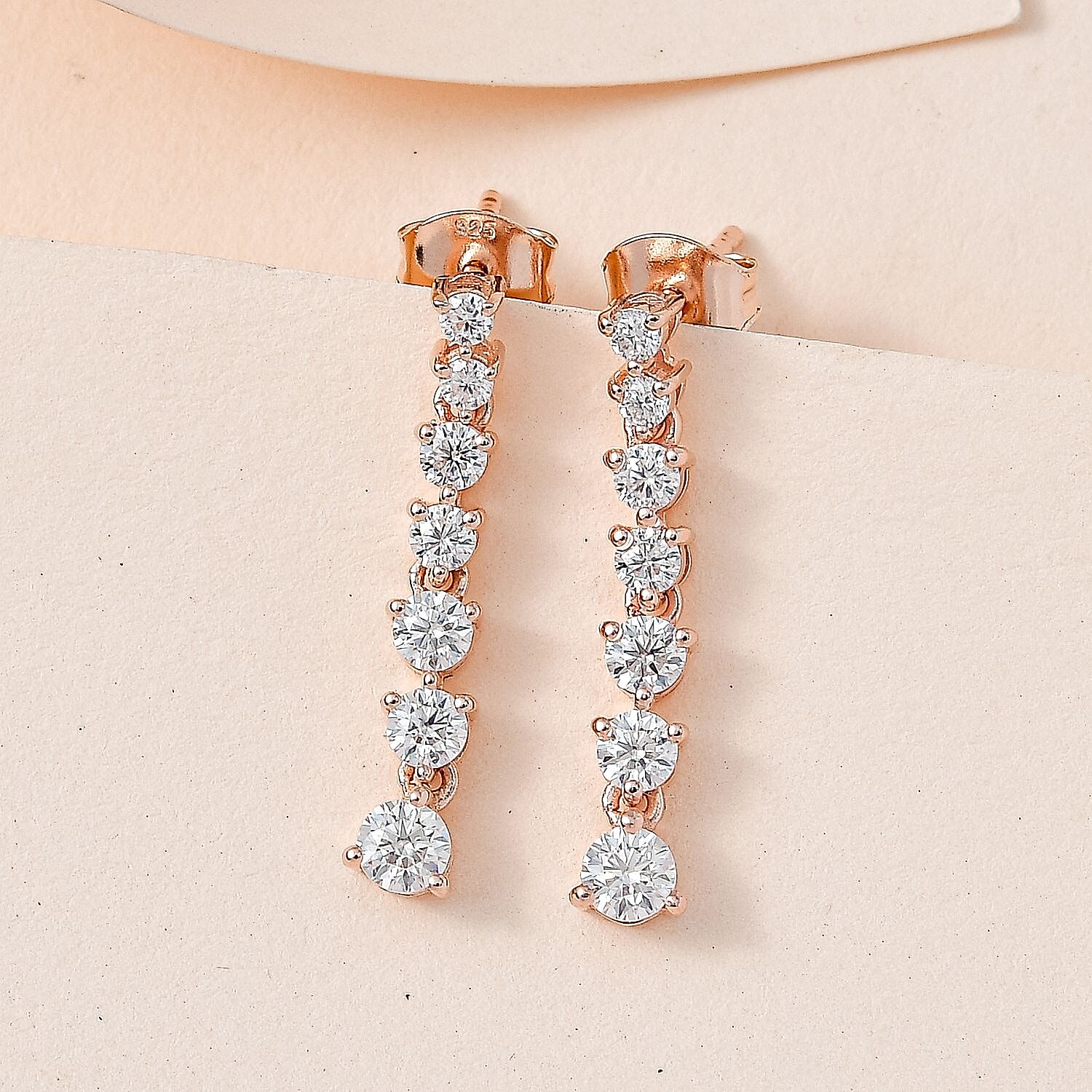 Moissanite Dangle Earrings in 18K Rose Gold Vermeil Plated Sterling Silver 1.08 Ct.