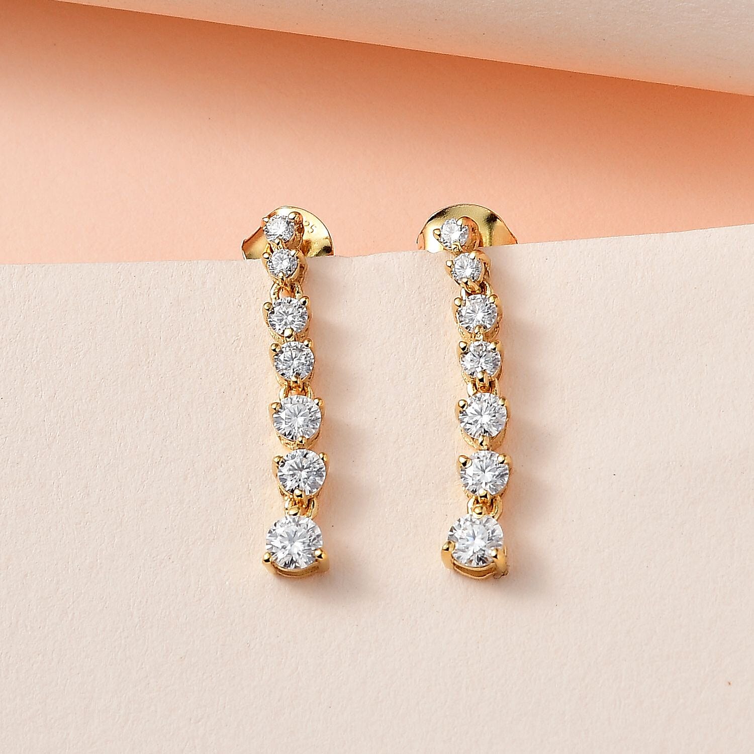 Moissanite Dangle Earrings in 18K Yellow Gold Vermeil Plated Sterling Silver 1.08 Ct.