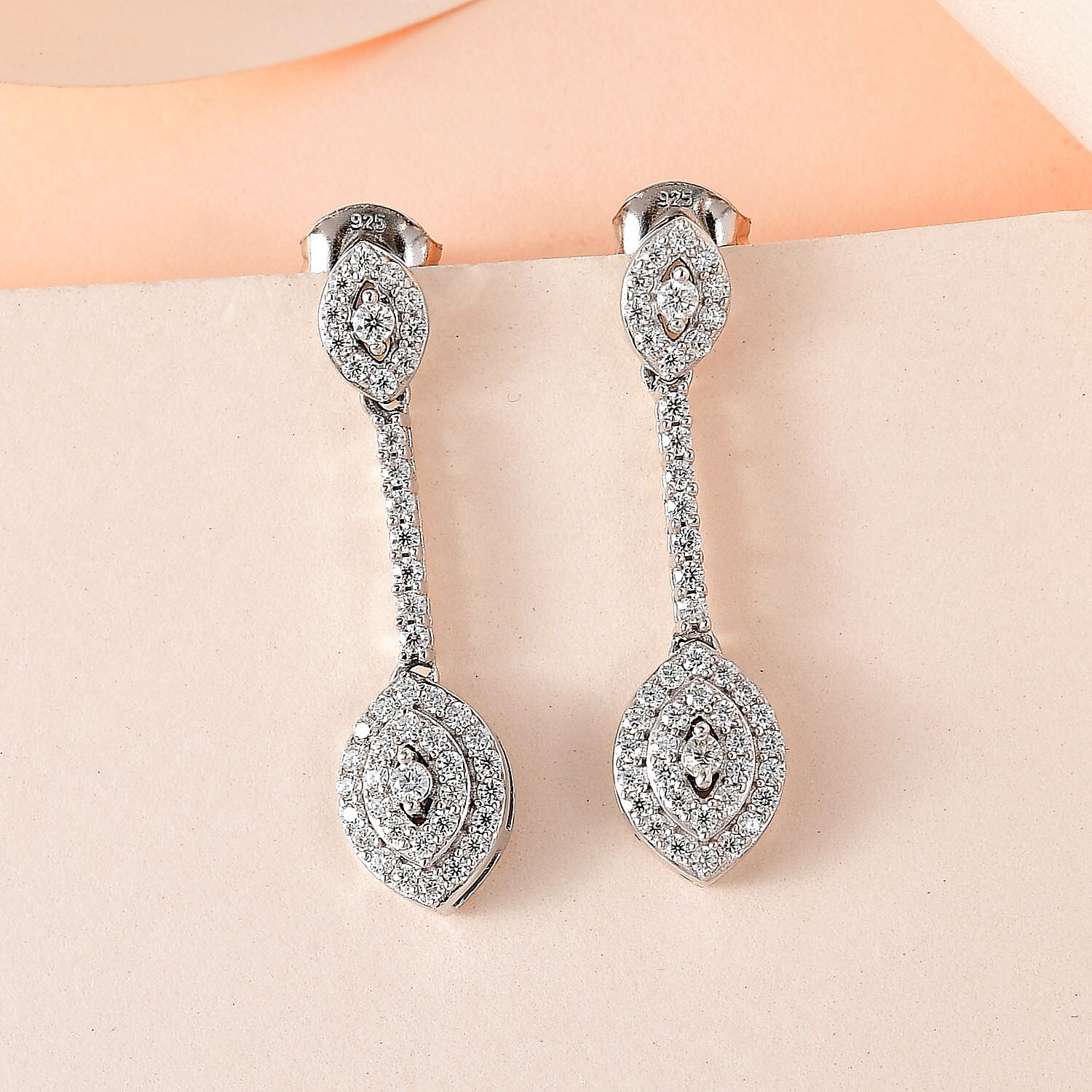 Moissanite Dangle Earrings in Platinum Overlay Sterling Silver 1.10 Ct