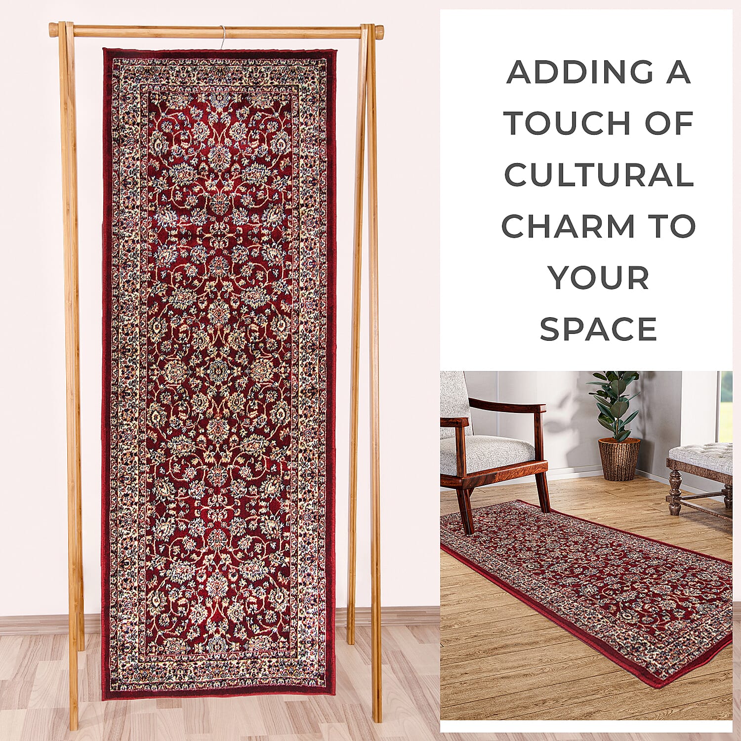 Luxurious Pile Runner with Kashmiri Print (180x66 cm) - Burgundy - Multi