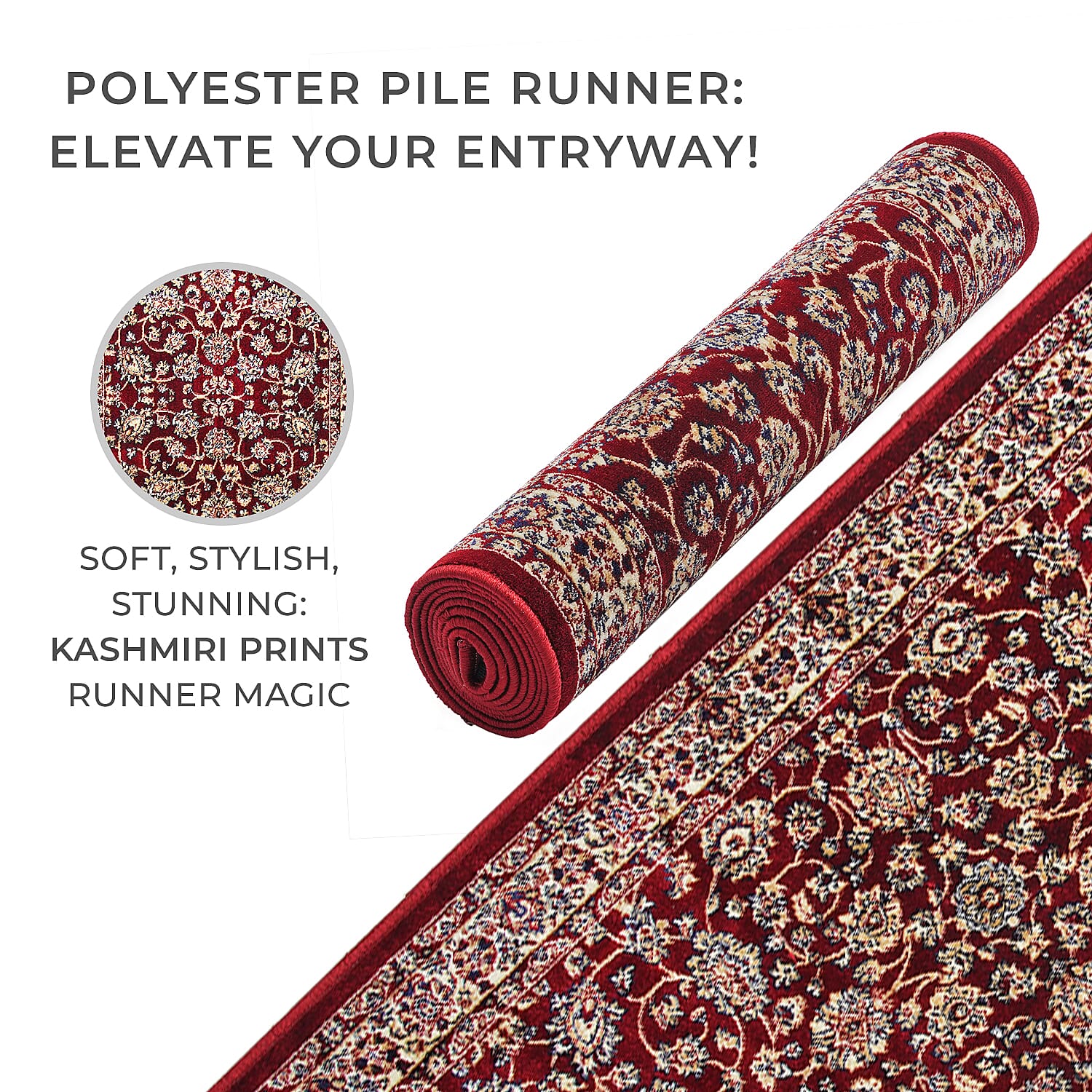 Luxurious Pile Runner with Kashmiri Print (180x66 cm) - Burgundy - Multi