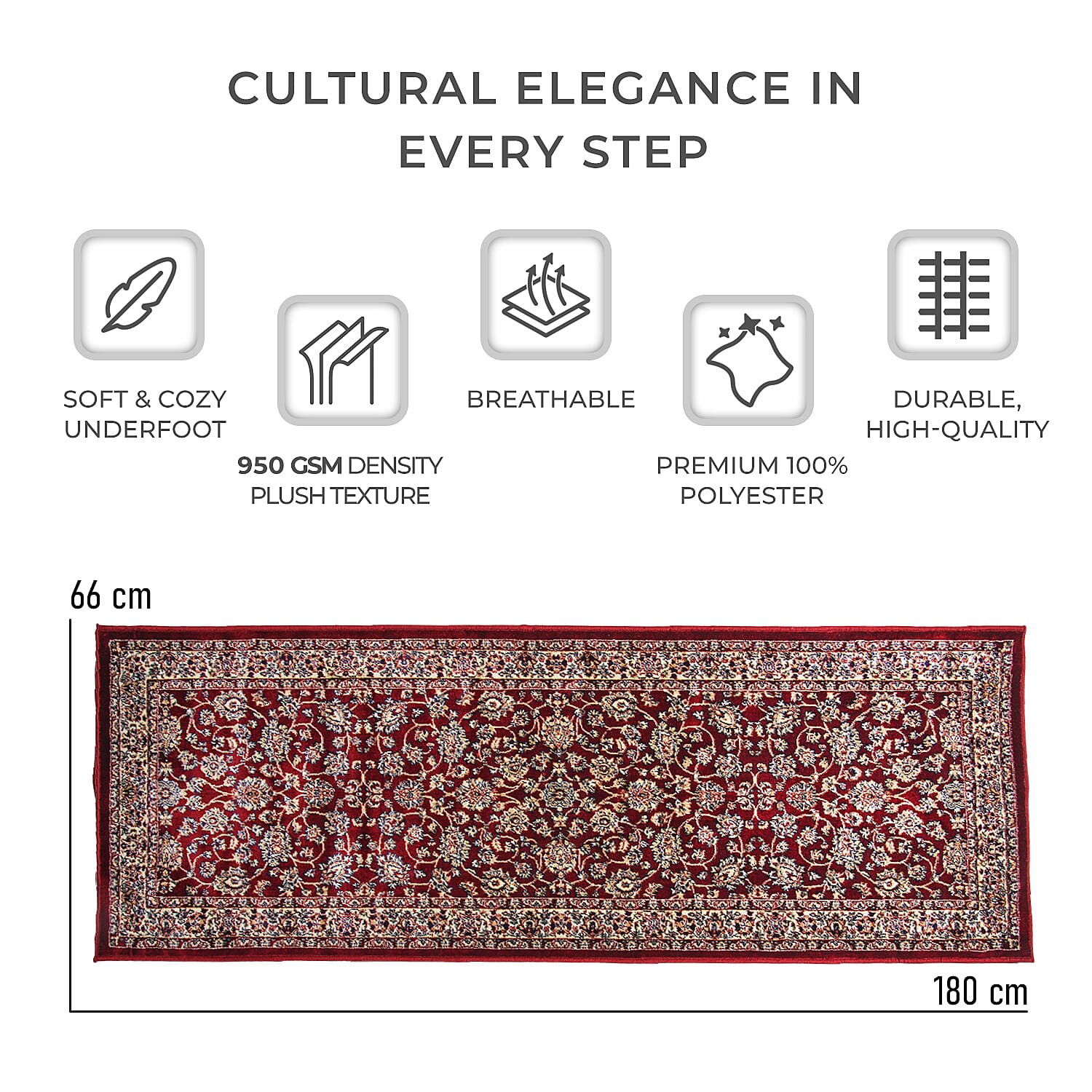 Luxurious Pile Runner with Kashmiri Print (180x66 cm) - Burgundy - Multi