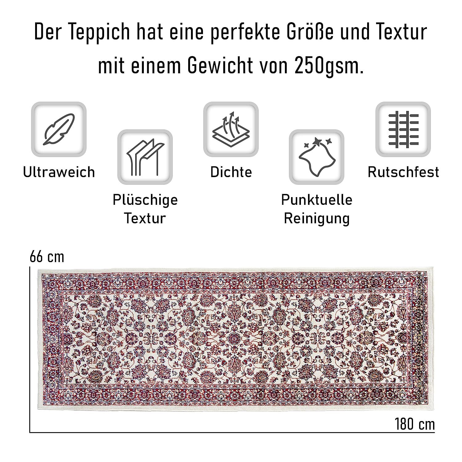 Luxurious Pile Runner with Kashmiri Print (180x66 cm) - Cream - Multi