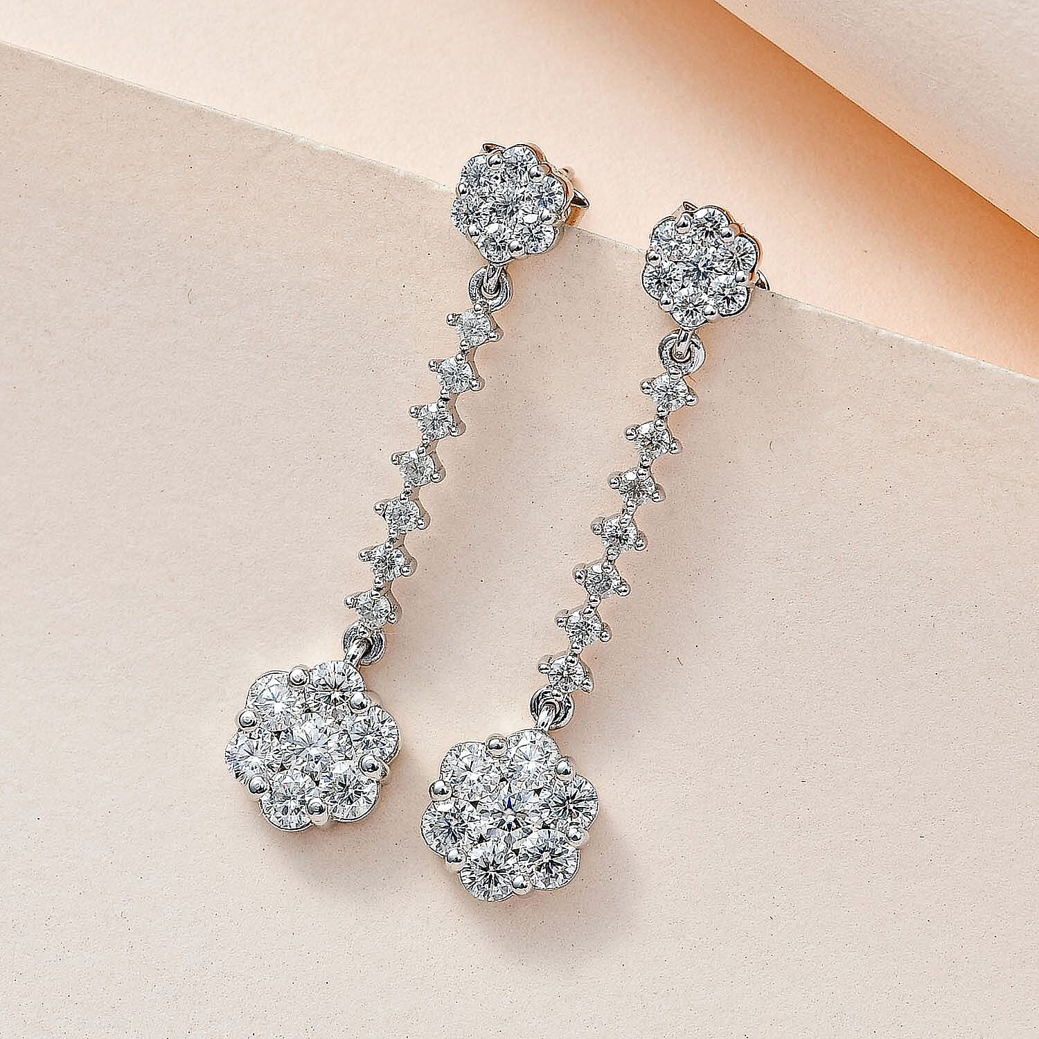Moissanite Dangling Earring in Platinum Overlay Sterling Silver 2.28 ct 2.204 Ct.
