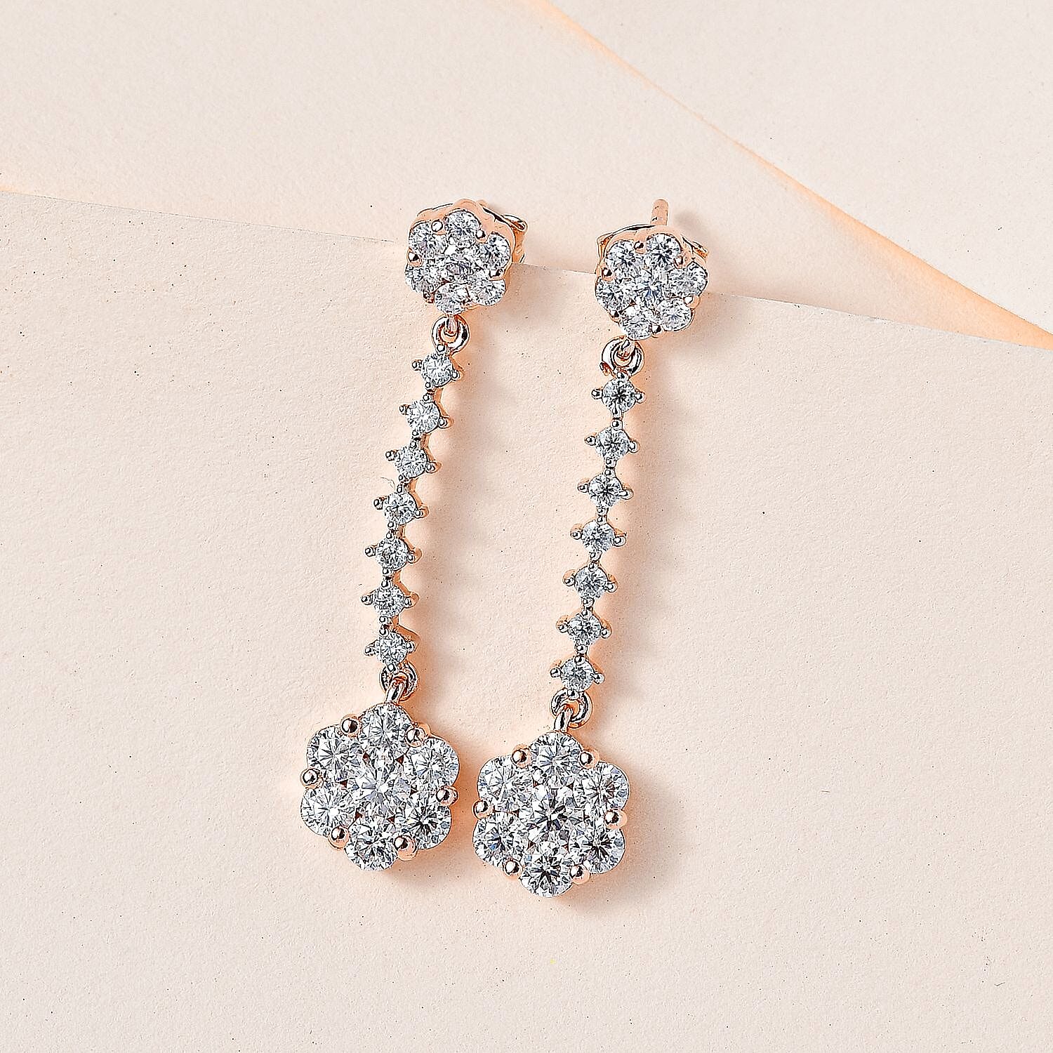 Moissanite Dangling Earrings in 18K Rose Gold Vermeil Plated Sterling Silver 2.20 Ct.