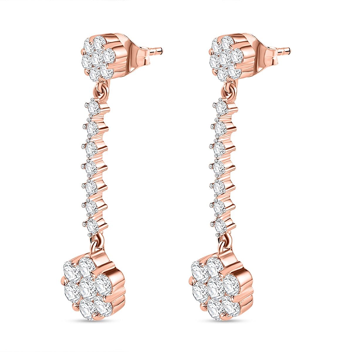 Moissanite Dangling Earrings in 18K Rose Gold Vermeil Plated Sterling Silver 2.20 Ct.