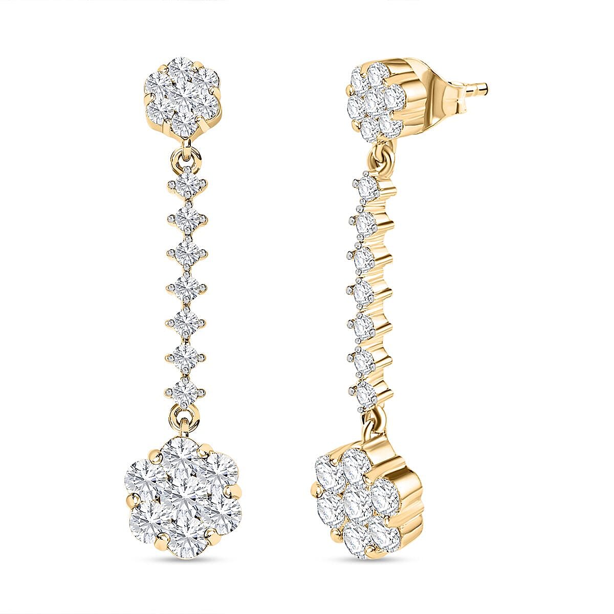 Moissanite Dangling Earrings in 18K Yellow Gold Vermeil Plated Sterling Silver 2.20 Ct.