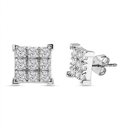 0.45 Ct Moissanite 9 Stone Square Stud Earrings in Sterling Silver with Push Post