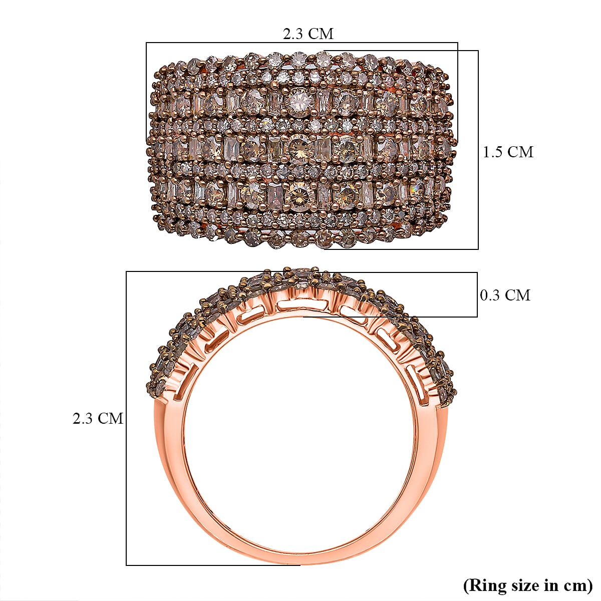 Natural Champagne Diamond Ring in 18K Vermeil Rose Gold Plated Sterling Silver 2.00 Ct