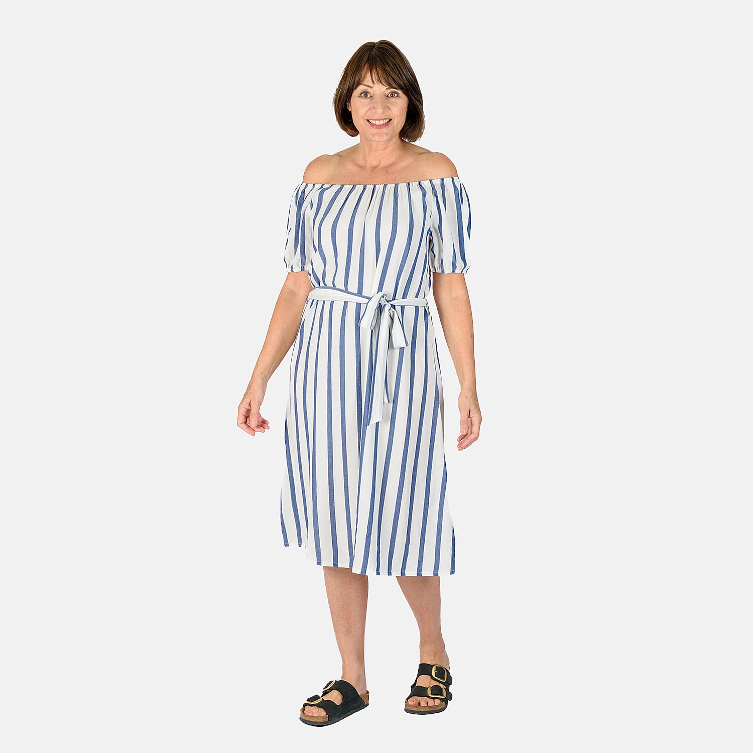 Tamsy 100% Cotton Y-D Stripe Dress With Waist Belt (Size S) - Blue & Off White