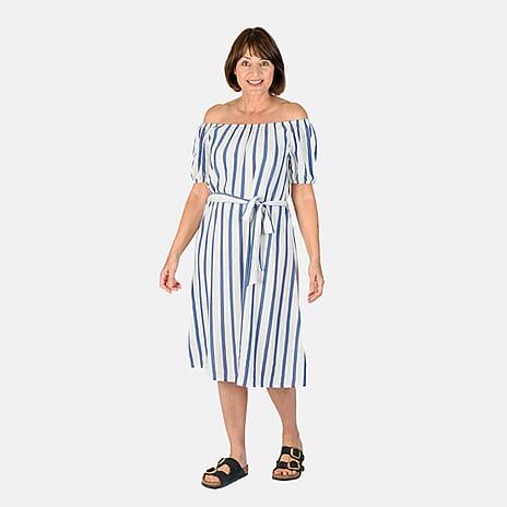 Tamsy 100% Cotton Y-D Stripe Dress With Waist Belt (Size S) - Blue & Off White