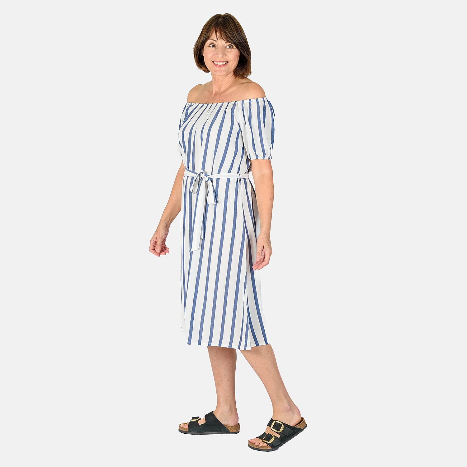 Tamsy 100% Cotton Y-D Stripe Dress With Waist Belt (Size S) - Blue & Off White