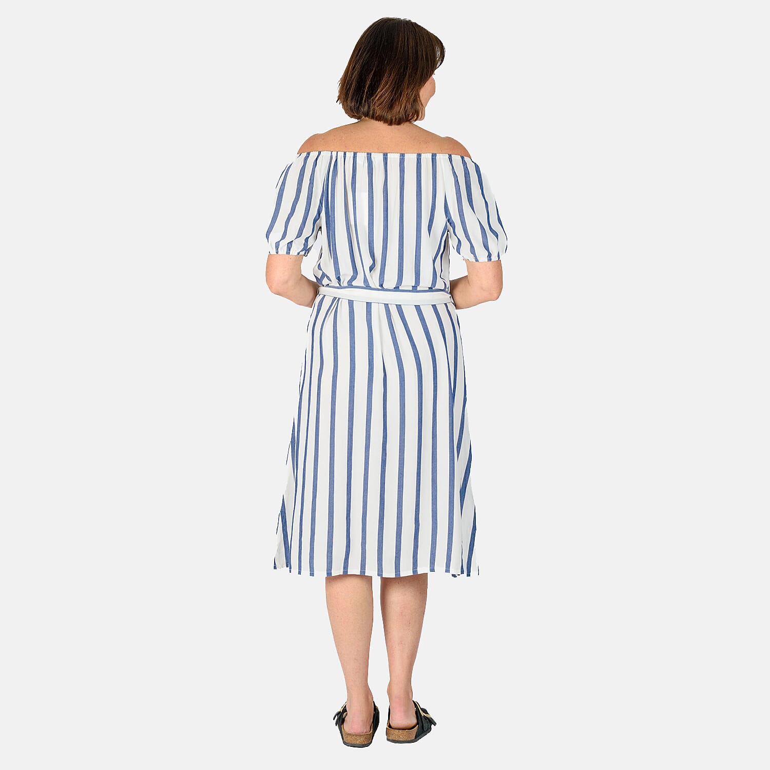 Tamsy 100% Cotton Y-D Stripe Dress With Waist Belt (Size S) - Blue & Off White