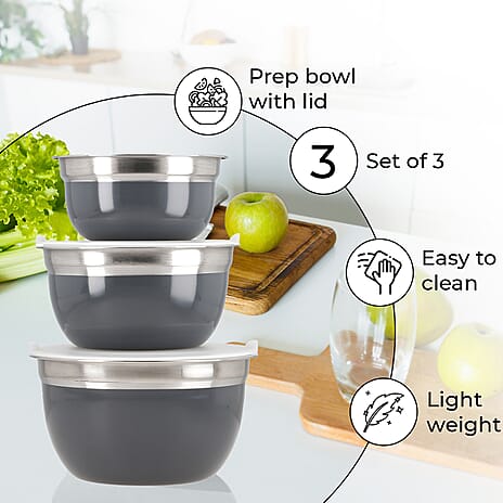Set of 3 Stainless Steel Bowl with Plastic Lid - Grey