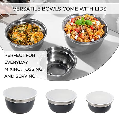 Set of 3 Stainless Steel Bowl with Plastic Lid - Grey