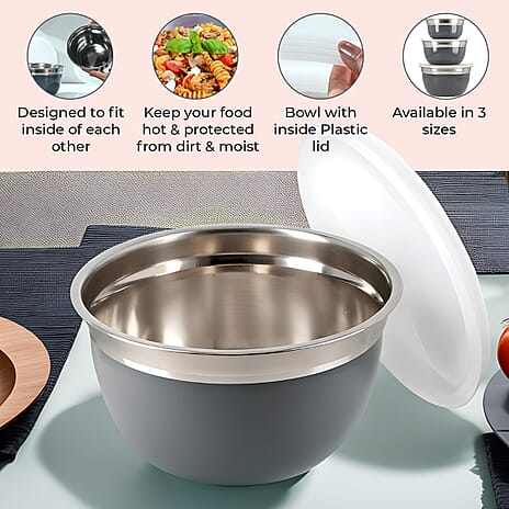 Set of 3 Stainless Steel Bowl with Plastic Lid - Grey