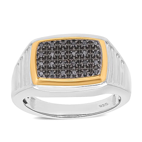 Black Diamond Ring in Platinum & Yellow Gold Overlay Sterling Silver