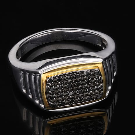 Black Diamond Ring in Platinum & Yellow Gold Overlay Sterling Silver