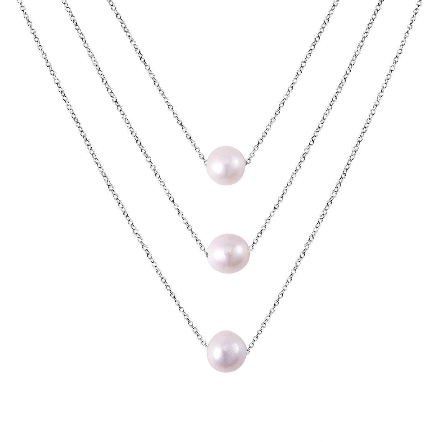 White Edison Pearl Necklace (Size - 20) in Rhodium Overlay Sterling Silver