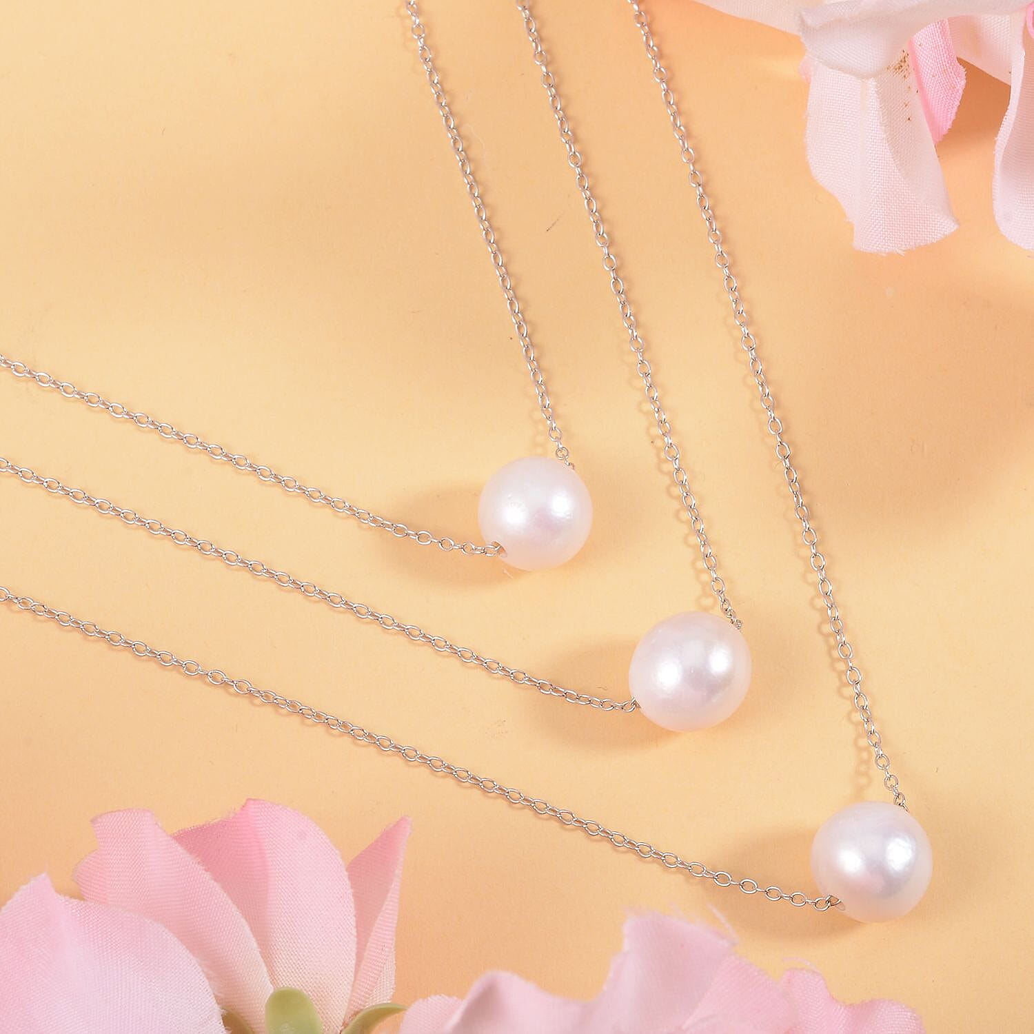 White Edison Pearl Necklace (Size - 20) in Rhodium Overlay Sterling Silver