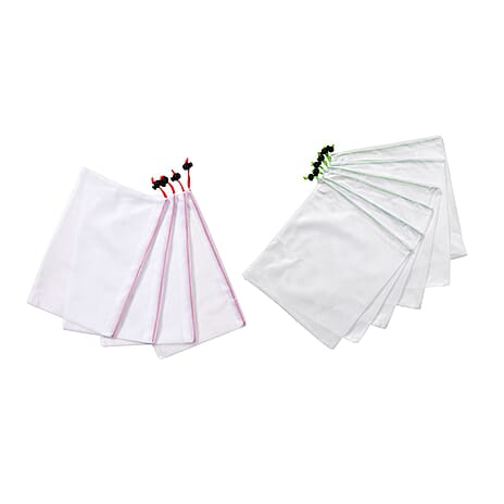 Set of 10 - Fruit Drawstring Eco-Friendly Mesh Bag Capacity - (4x14cm, 6x20cm) - White