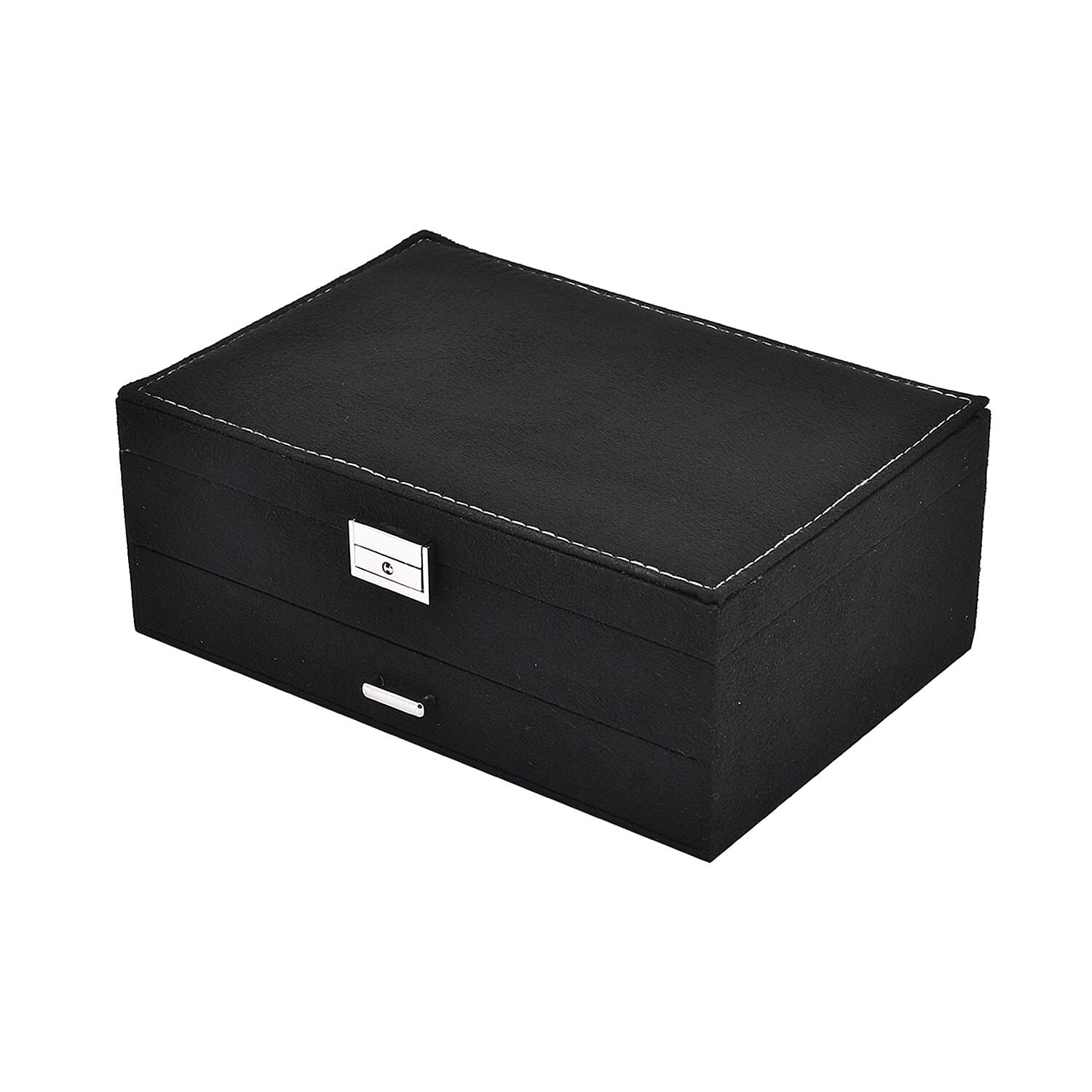 2 Layer Velvet Jewellery Box With Lock  - Black