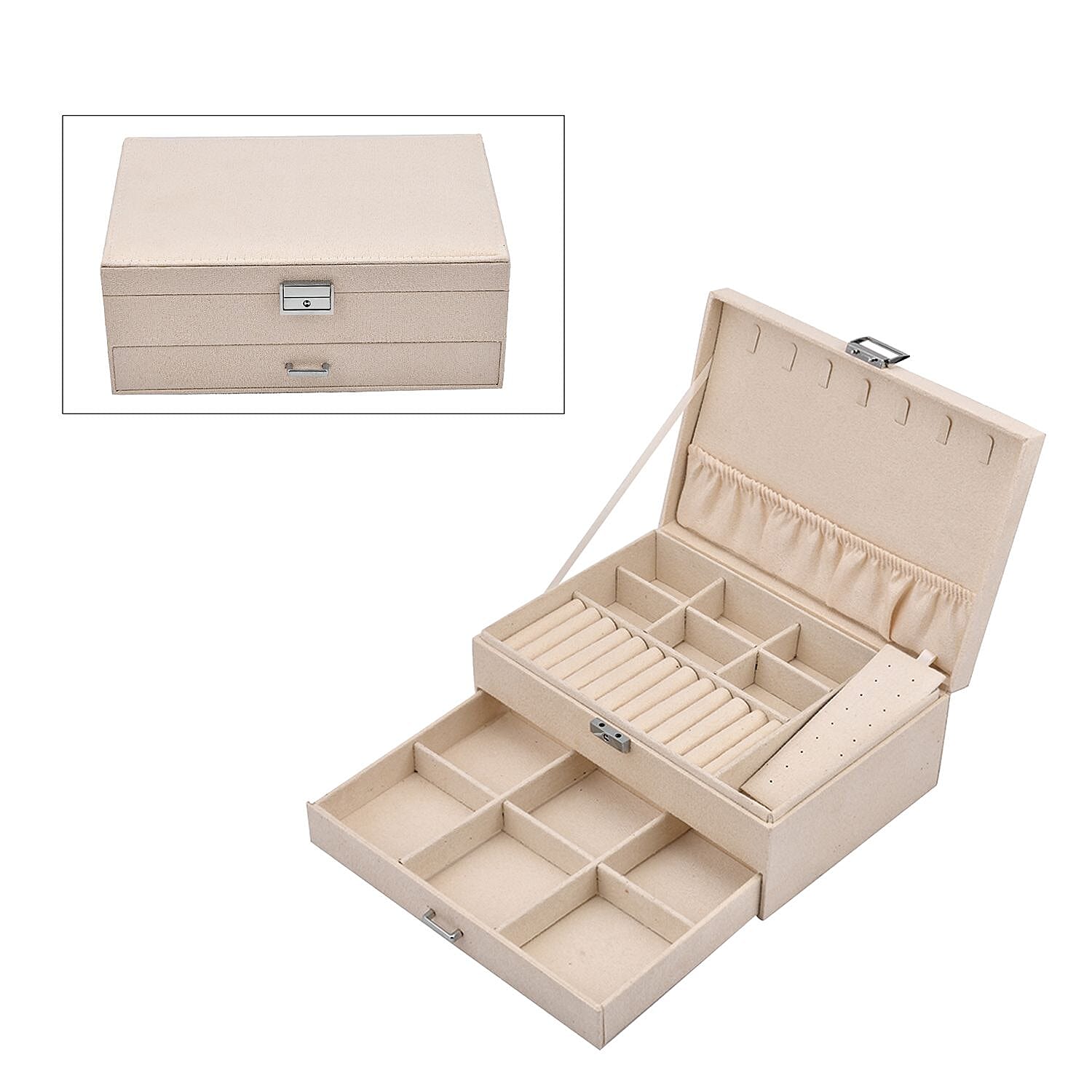 2 Layer Velvet Jewellery Box With Lock - Cream