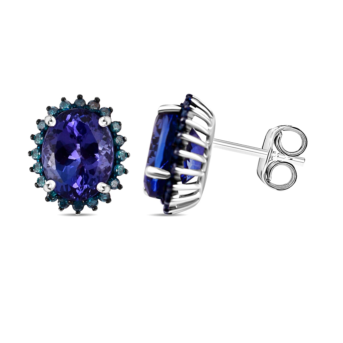 5 th Avenue Closeout- 14K White Gold AAA Tanzanite and Blue Diamond Stud Earrings 6.00 Ct