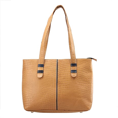 100% Genuine Leather Crocodile Embossed Tote Bag - Tan