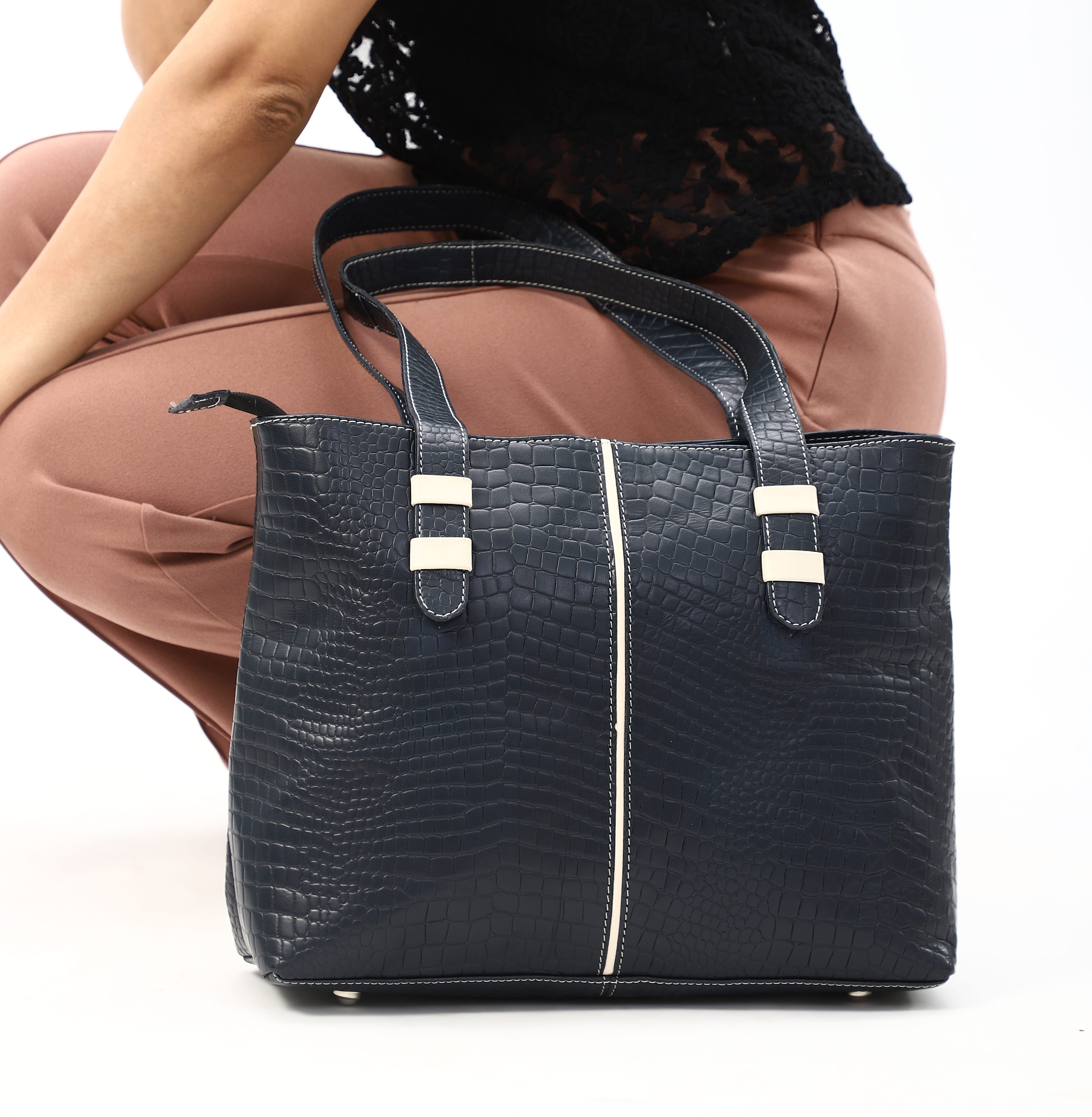 100% Genuine Leather Crocodile Embossed Tote Bag - Navy