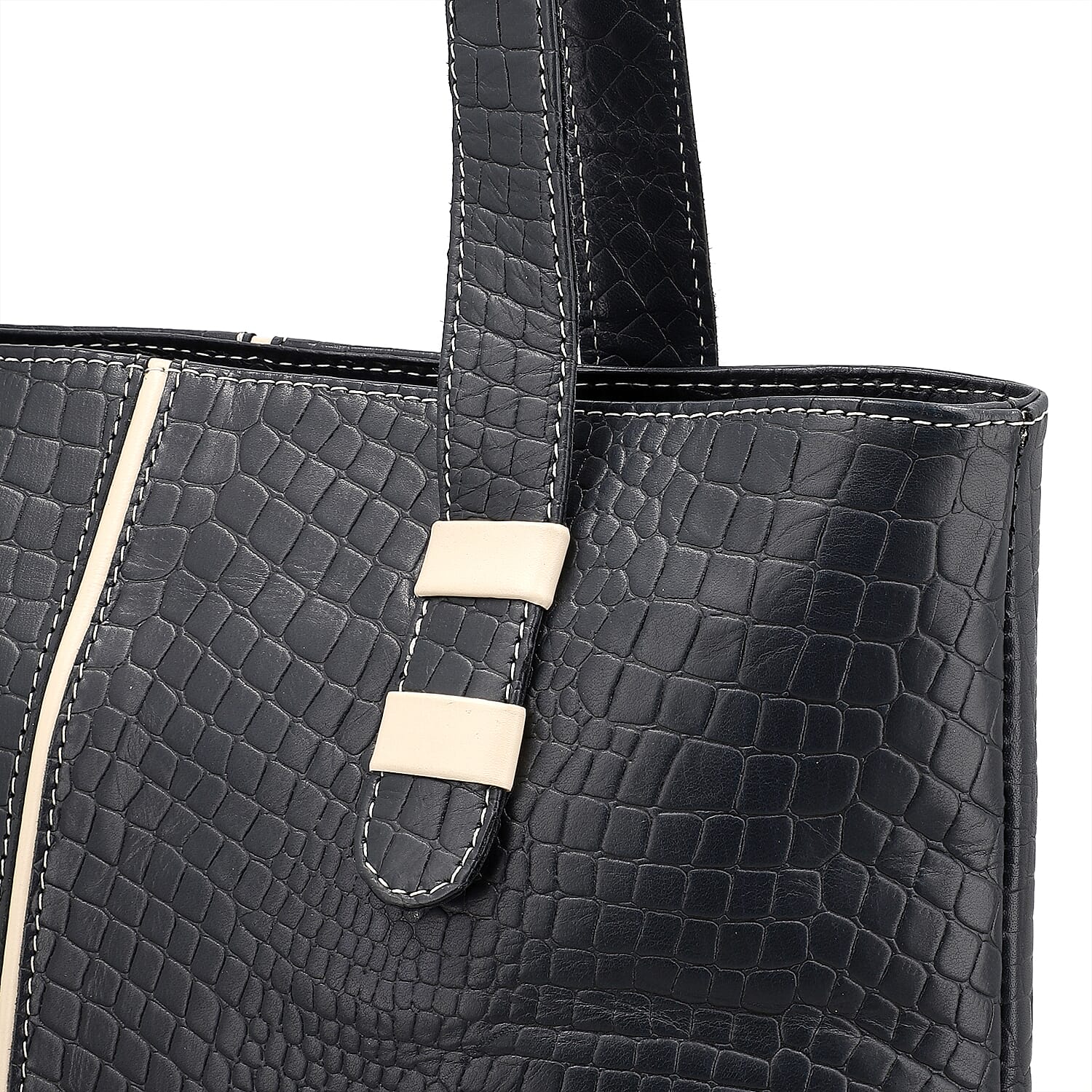 100% Genuine Leather Crocodile Embossed Tote Bag - Navy