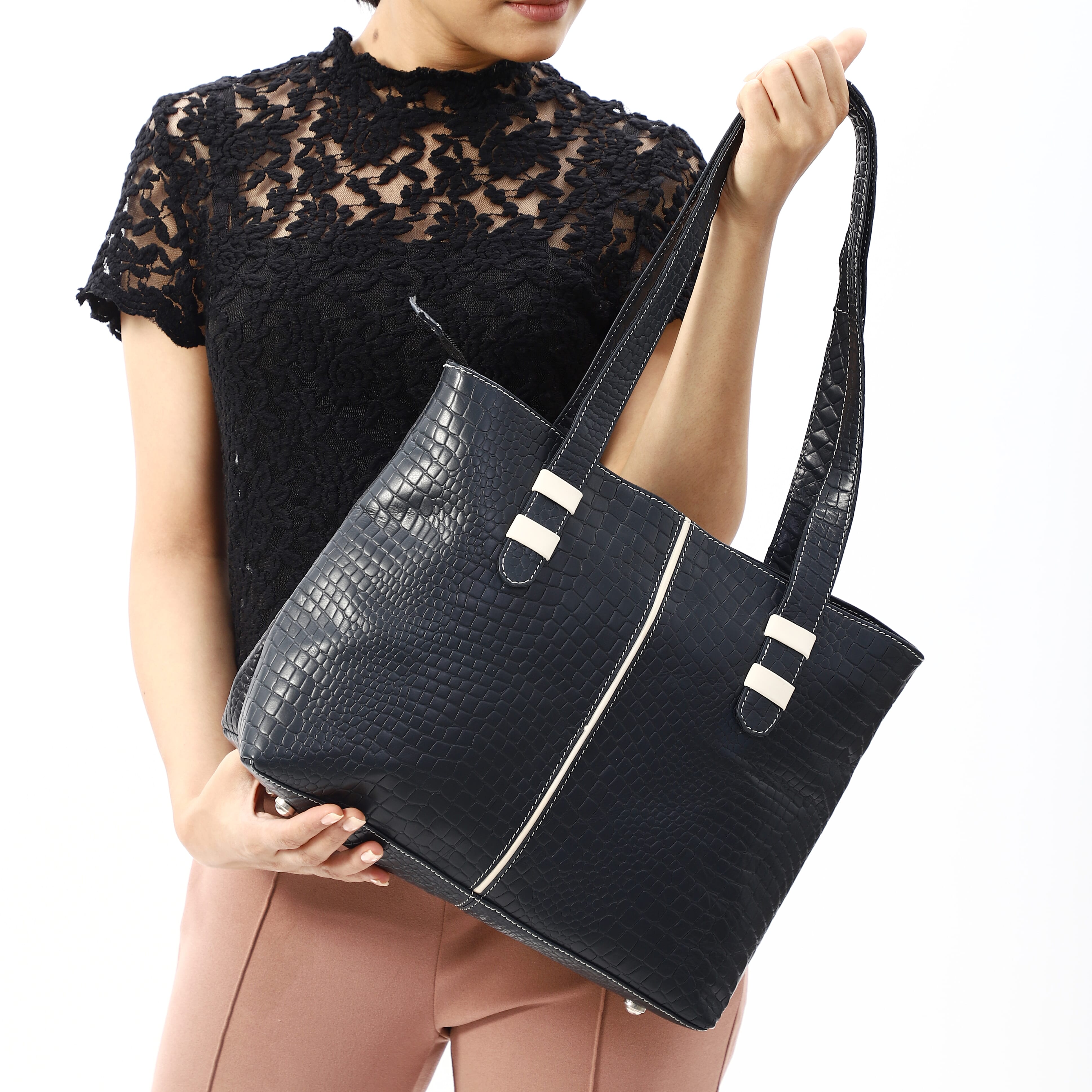 100% Genuine Leather Crocodile Embossed Tote Bag - Navy
