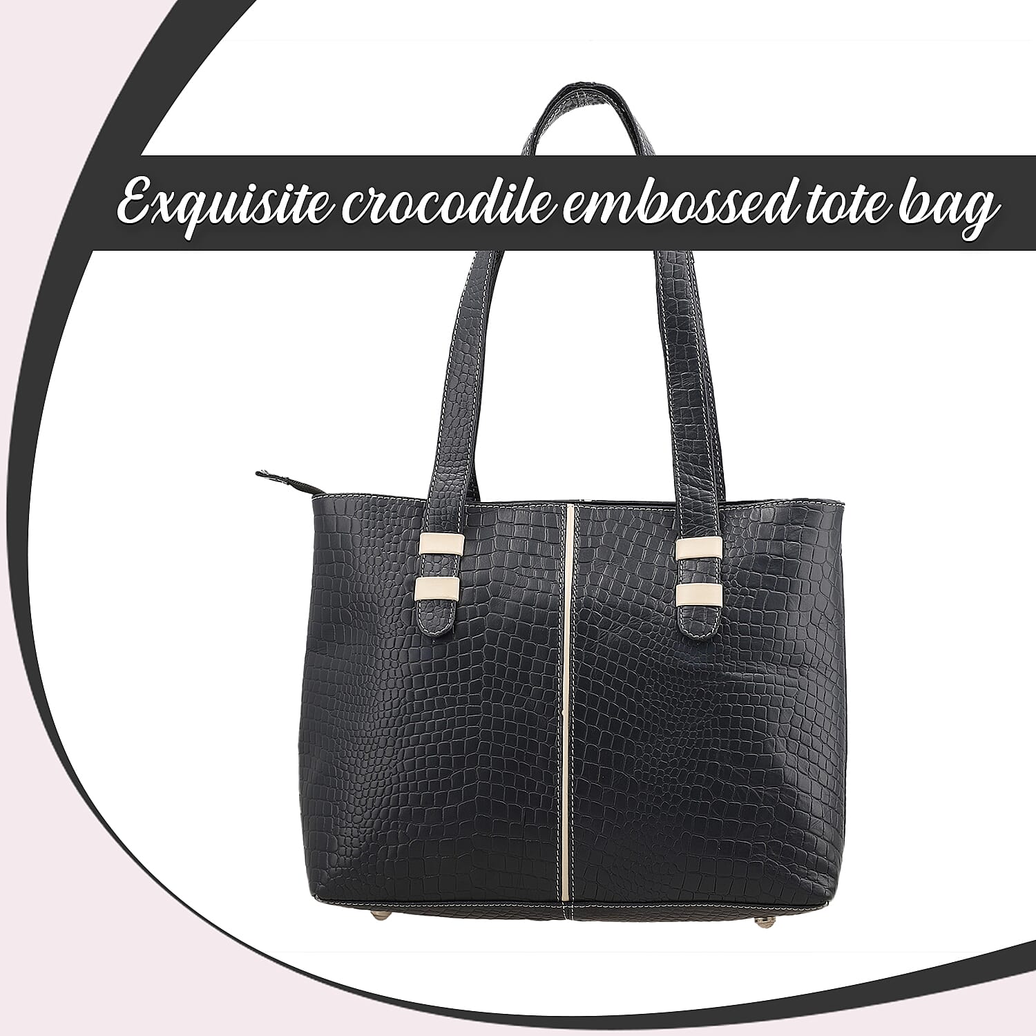 100% Genuine Leather Crocodile Embossed Tote Bag - Navy
