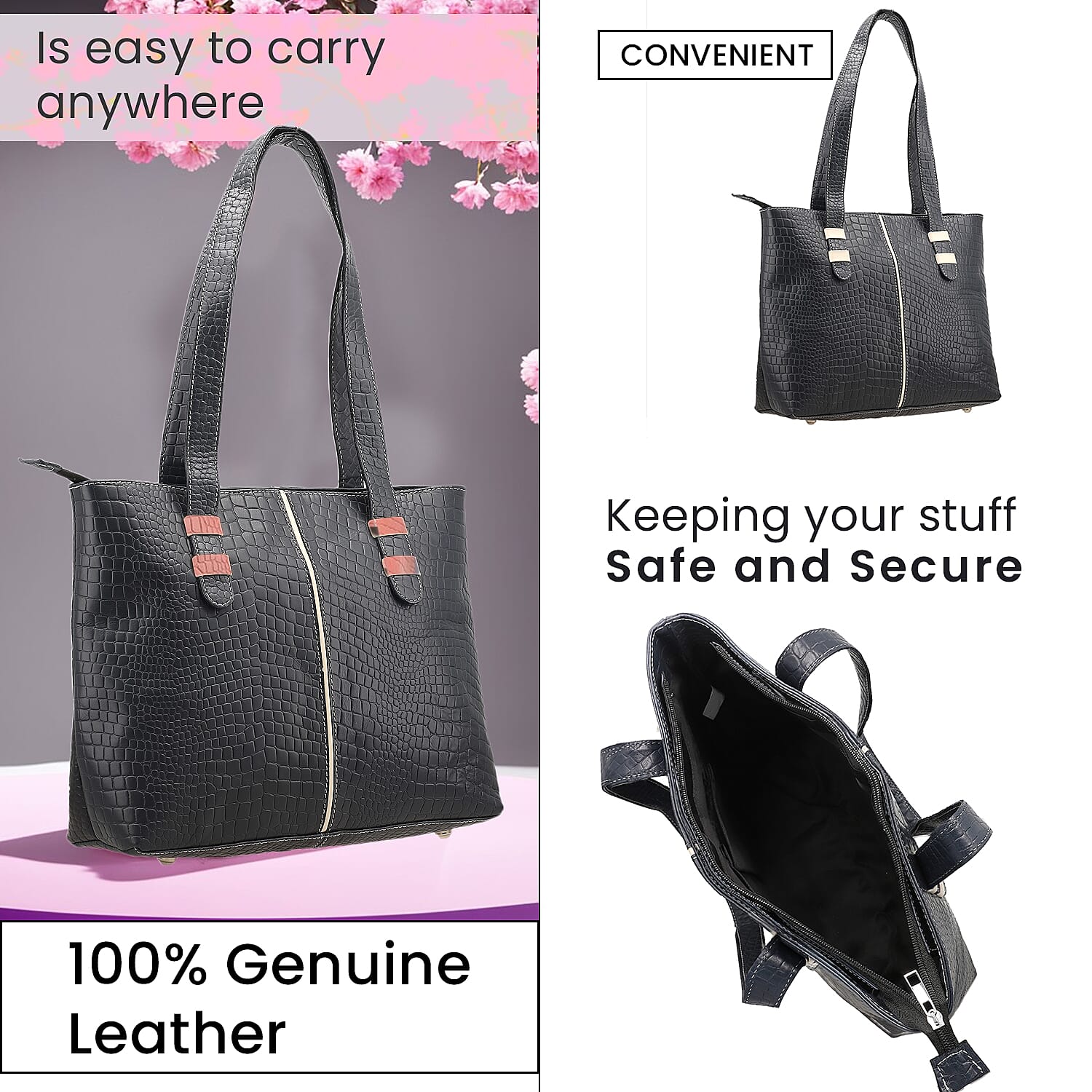 100% Genuine Leather Crocodile Embossed Tote Bag - Navy