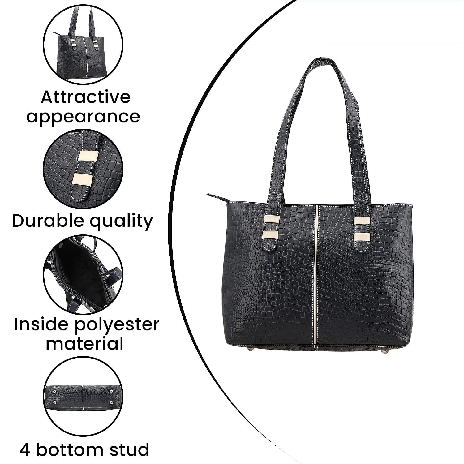 100% Genuine Leather Crocodile Embossed Tote Bag - Navy